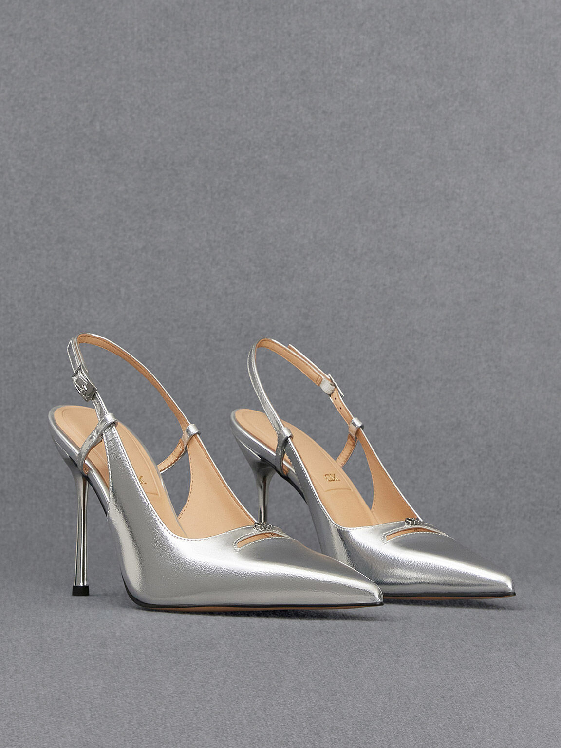 Metallic Leather Pointed-Toe Slingback Pumps, Silver, hi-res