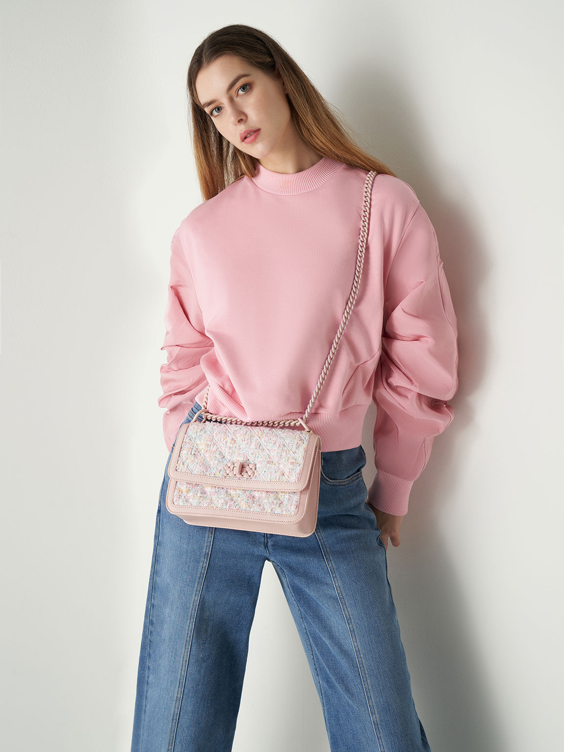Charles & Keith - Women's Tweed Chain Strap Bag, Pink, M