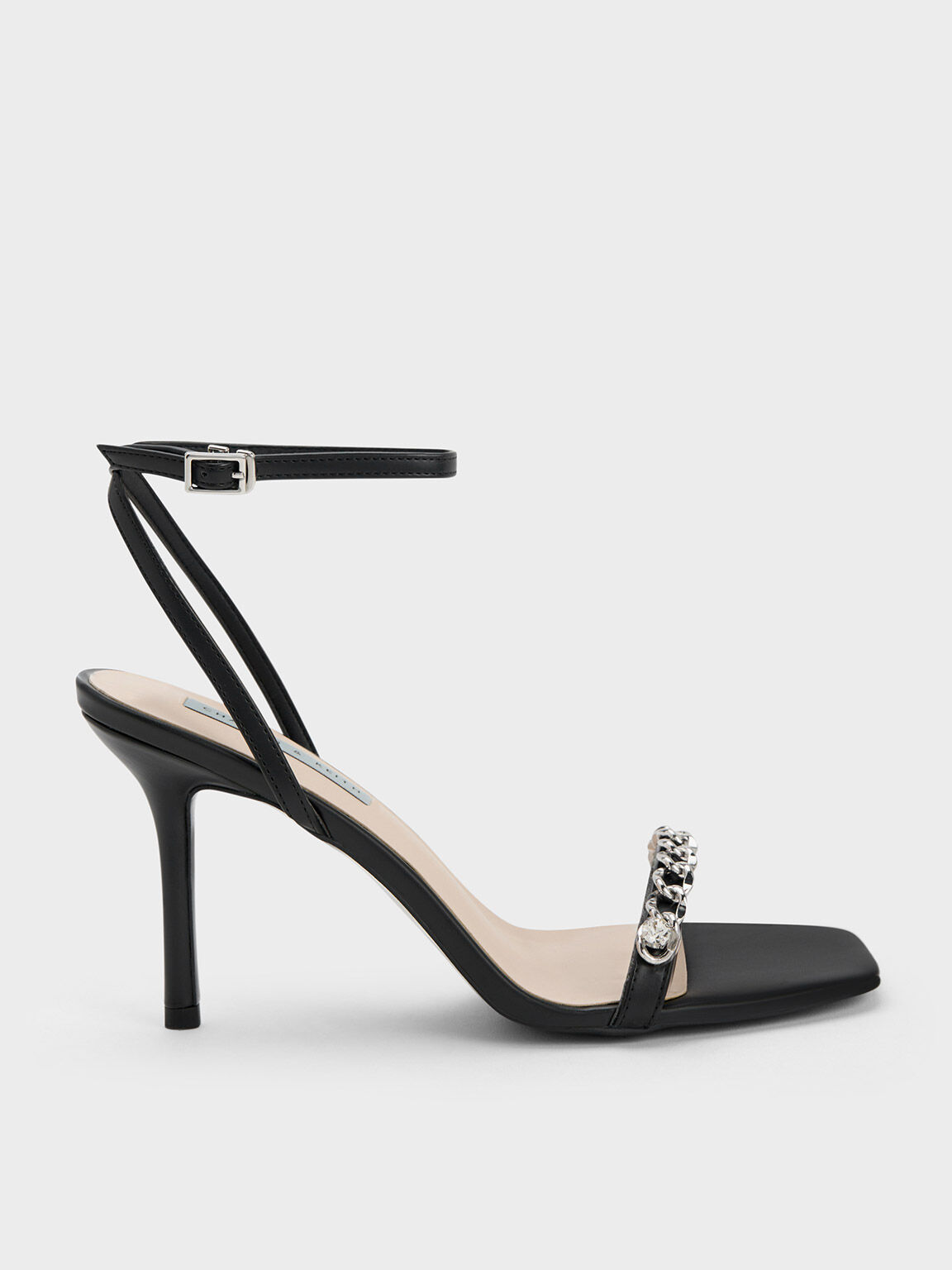 Black Chain-Embellished Ankle Strap Sandals - CHARLES & KEITH CA