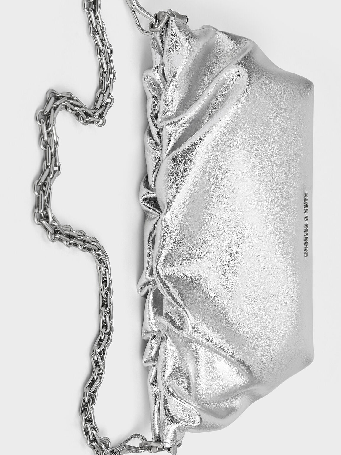 Brigette Metallic Ruched Chain-Handle Clutch, Silver, hi-res