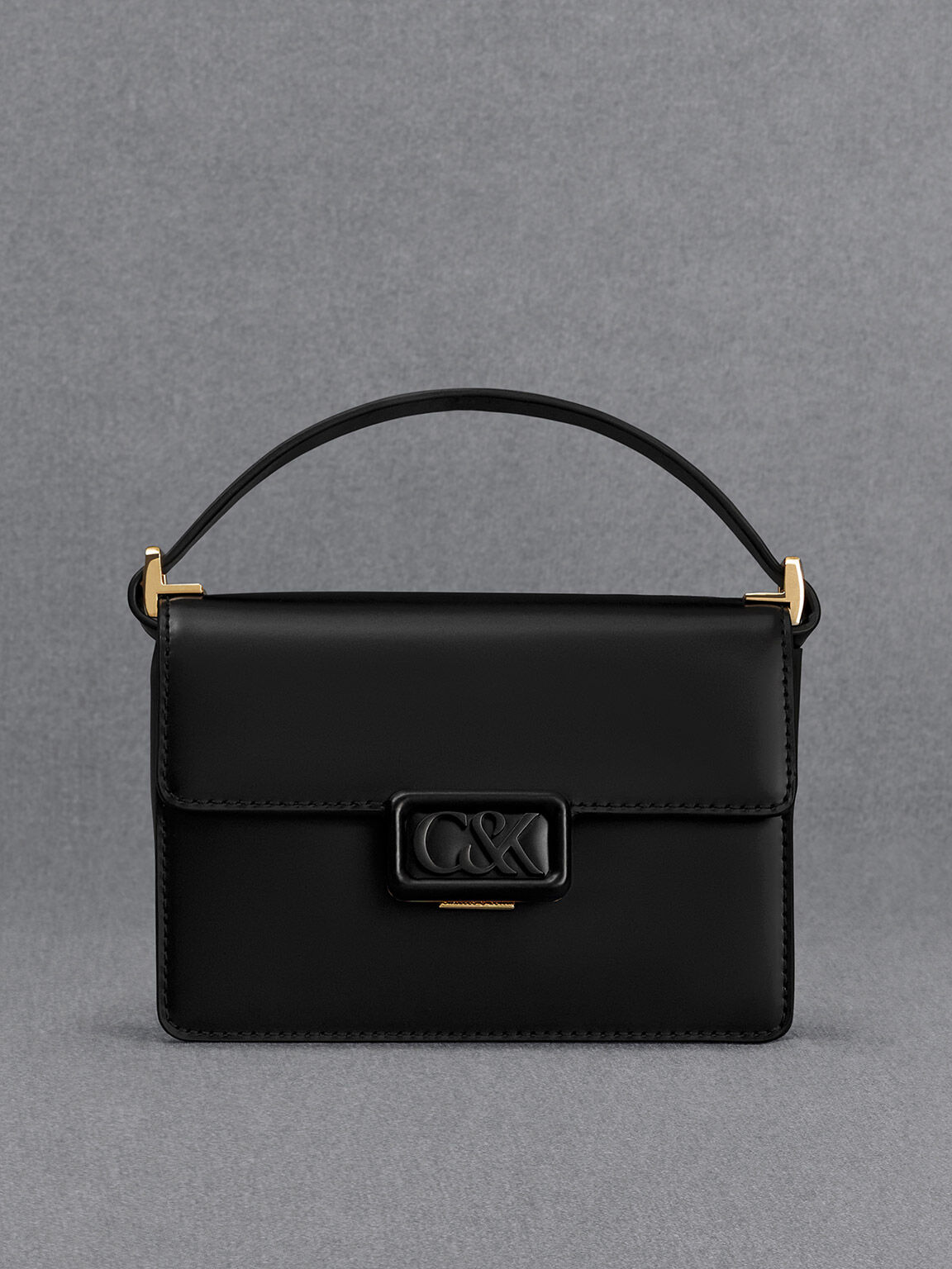 Bolso estructurado rectangular de cuero, Negro, hi-res