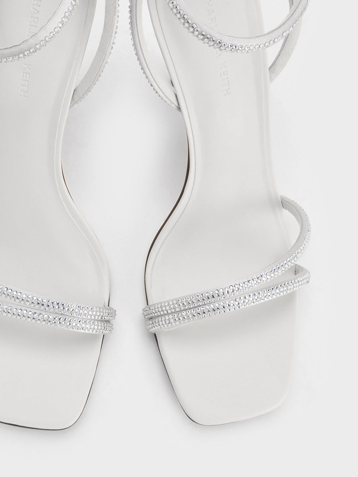 Satin Crystal-Embellished Asymmetric Heeled Sandals, White, hi-res