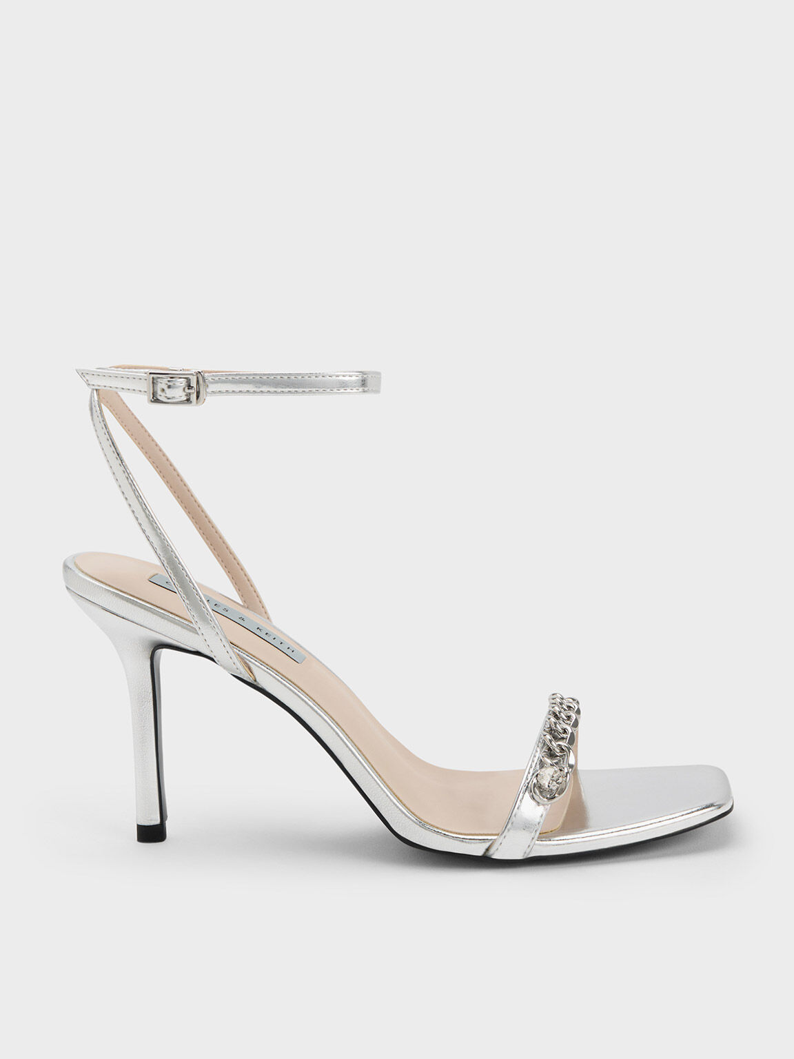 Chain-Embellished Metallic Ankle Strap Sandals - Silver