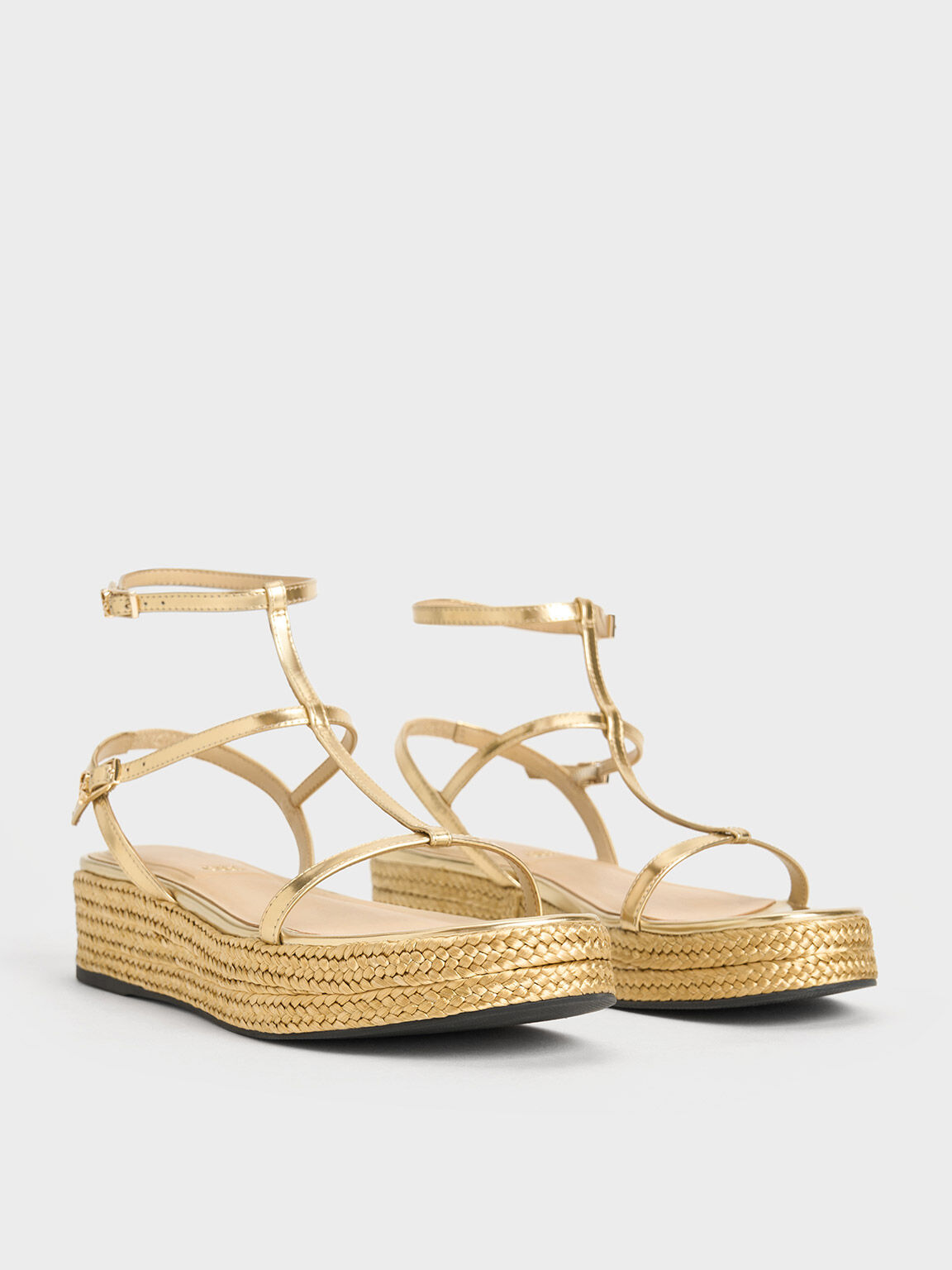 Metallic Leather T-Bar Espadrille Sandals, Gold, hi-res