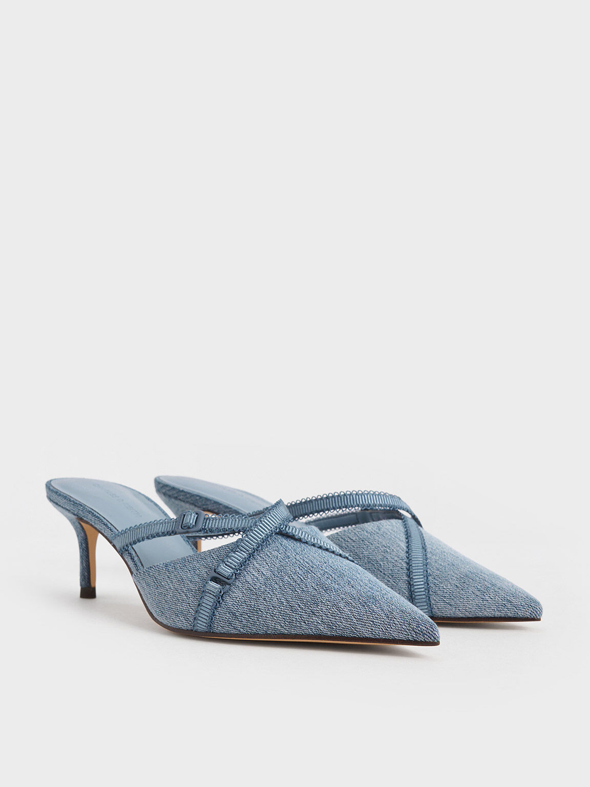 Denim Grosgrain-Strap Pointed-Toe Mules, Denim Blue, hi-res