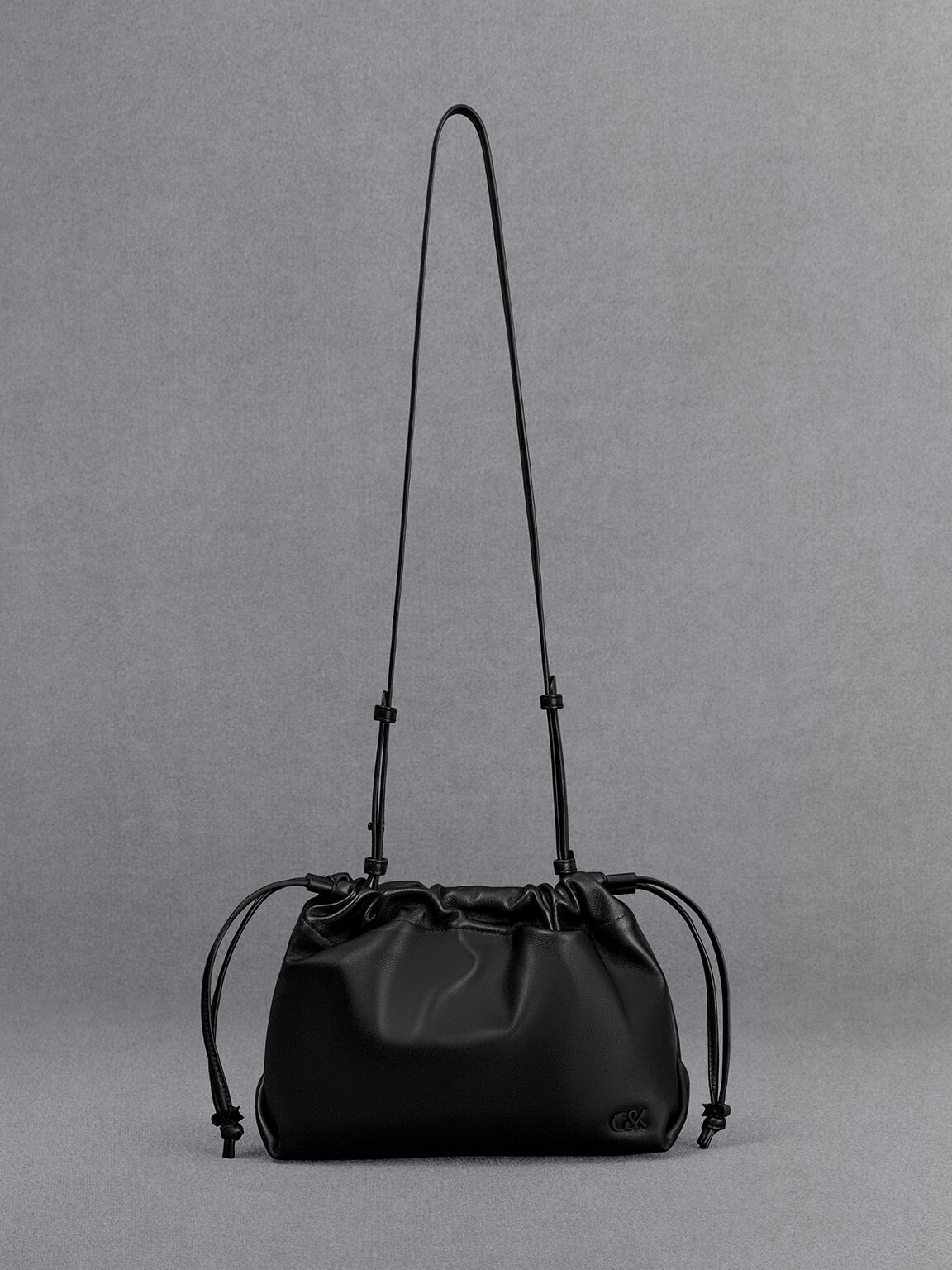 Leather Ruched Drawstring Bag - Black