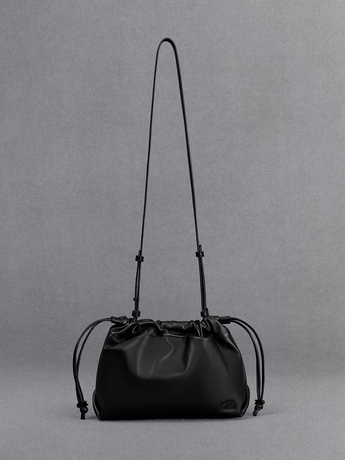 Leather Ruched Drawstring Bag, Black, hi-res