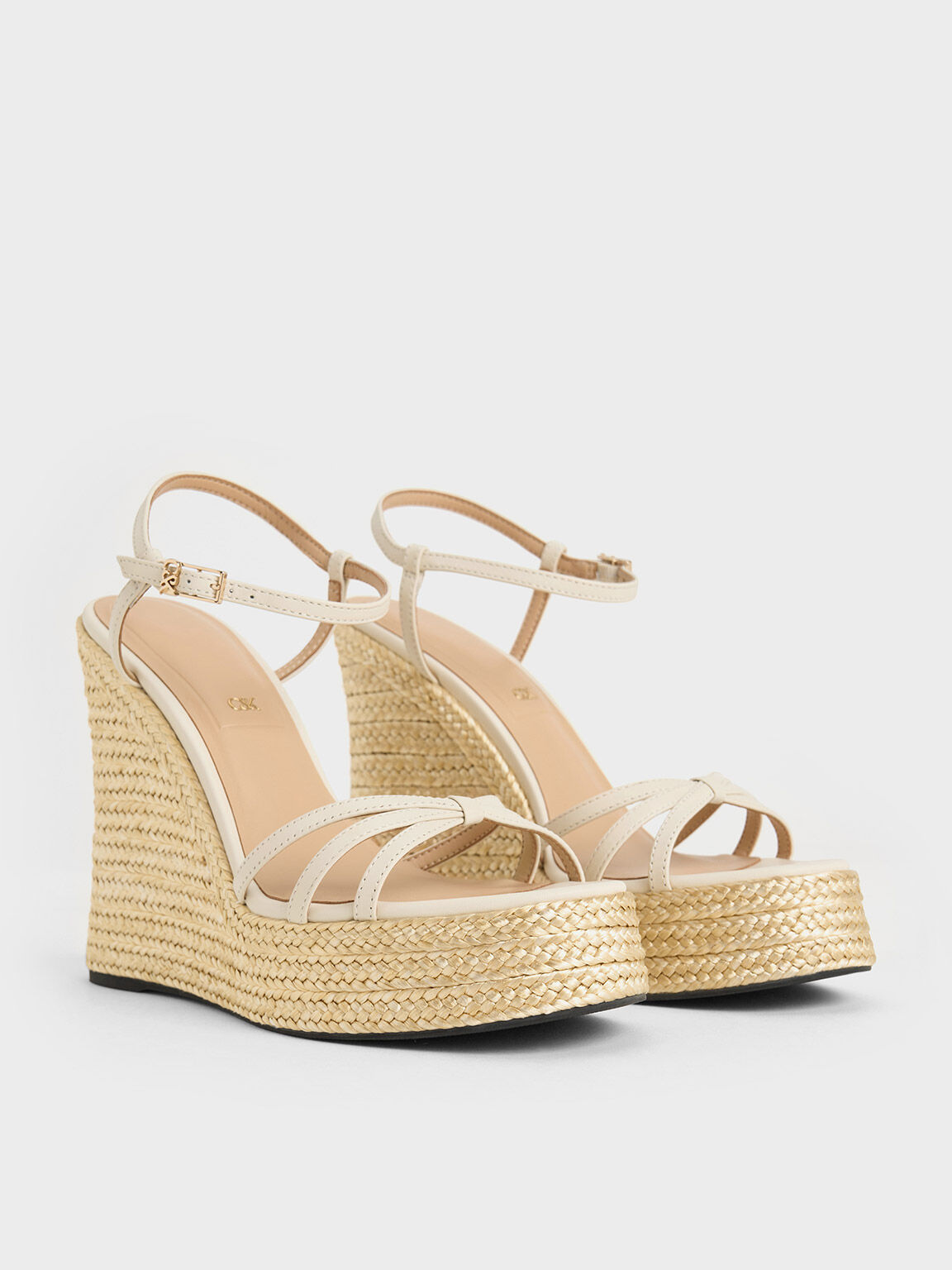 Leather Strappy Espadrille Wedges, White, hi-res