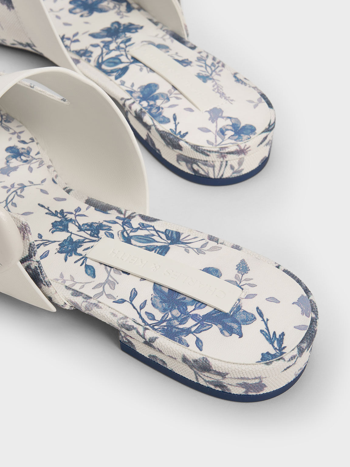 Floral-Print Oval-Buckle Flat Mules, Dark Blue, hi-res