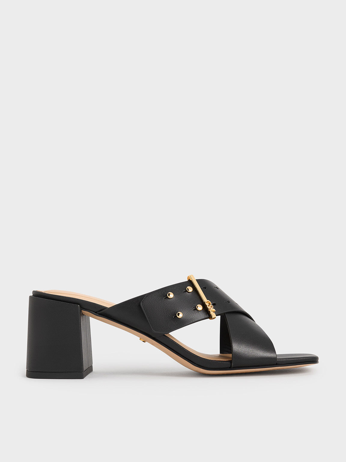 Leather Crossover Block Heel Mules, Black, hi-res