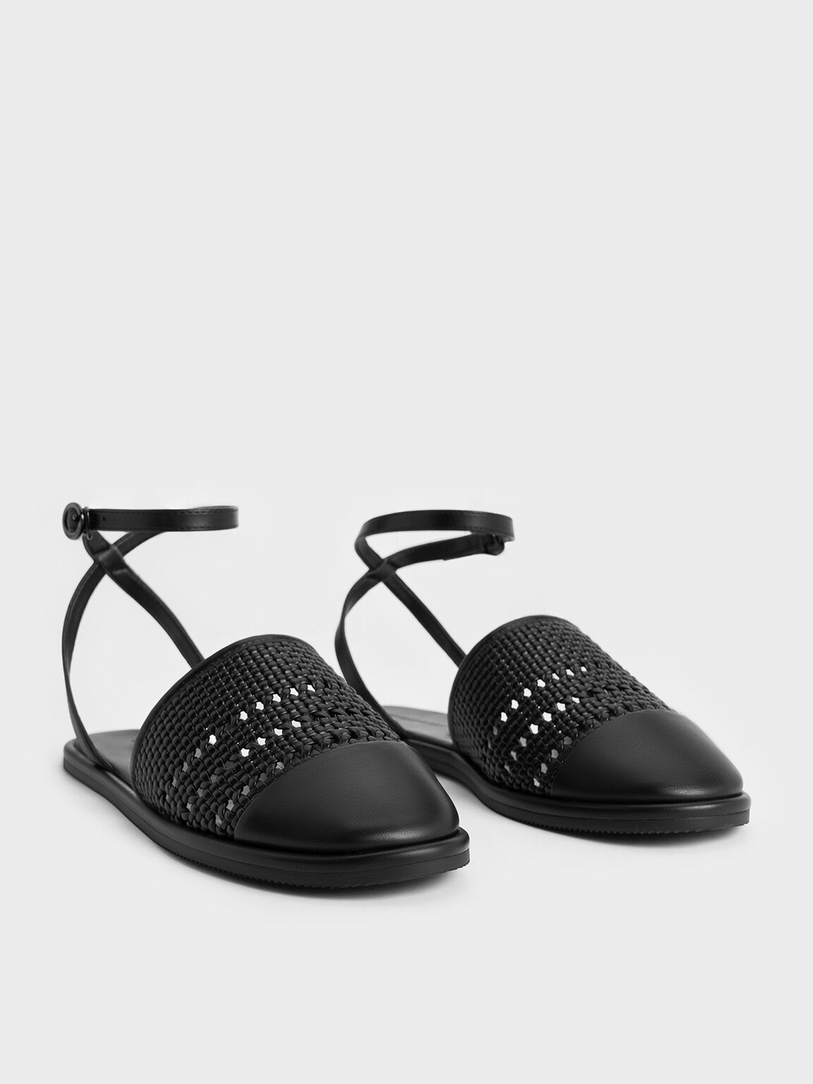 Woven Ankle-Strap Flats, Black, hi-res