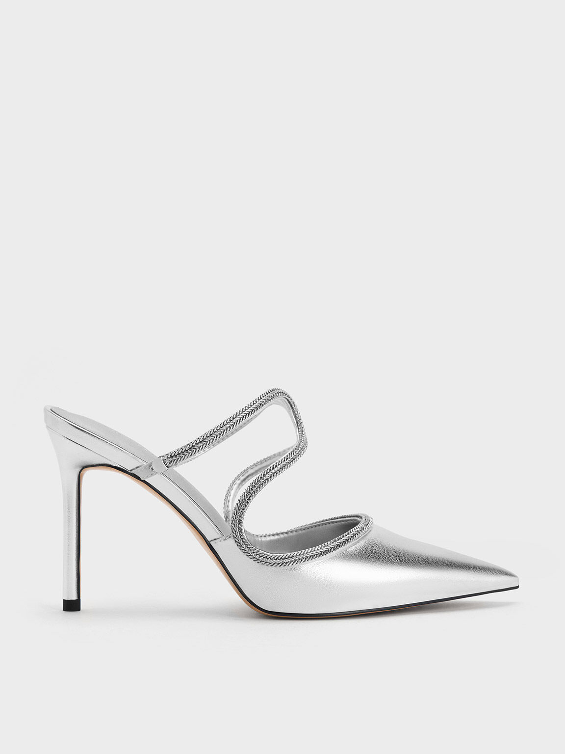 水晶造型帶尖頭穆勒細跟鞋(銀色) | 鞋款- CHARLES & KEITH MO
