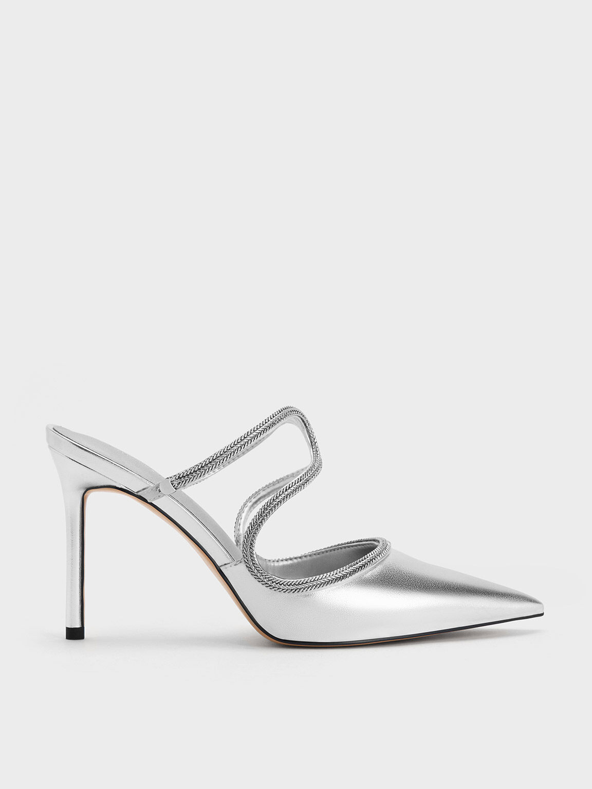 Metallic Braided-Strap Stiletto-Heel Mules, Silver, hi-res