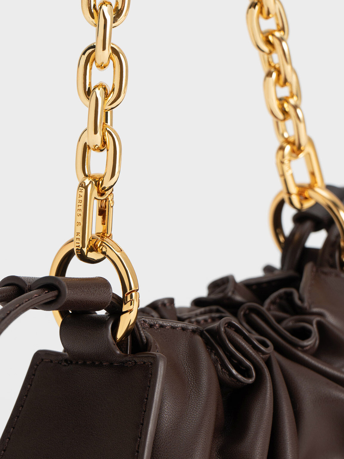 Dark Brown Ruched Chain Handle Drawstring Bag - CHARLES & KEITH SG
