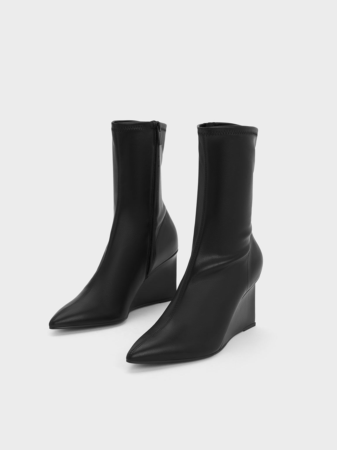 Black Pointed-Toe Wedge Ankle Boots - CHARLES & KEITH TR