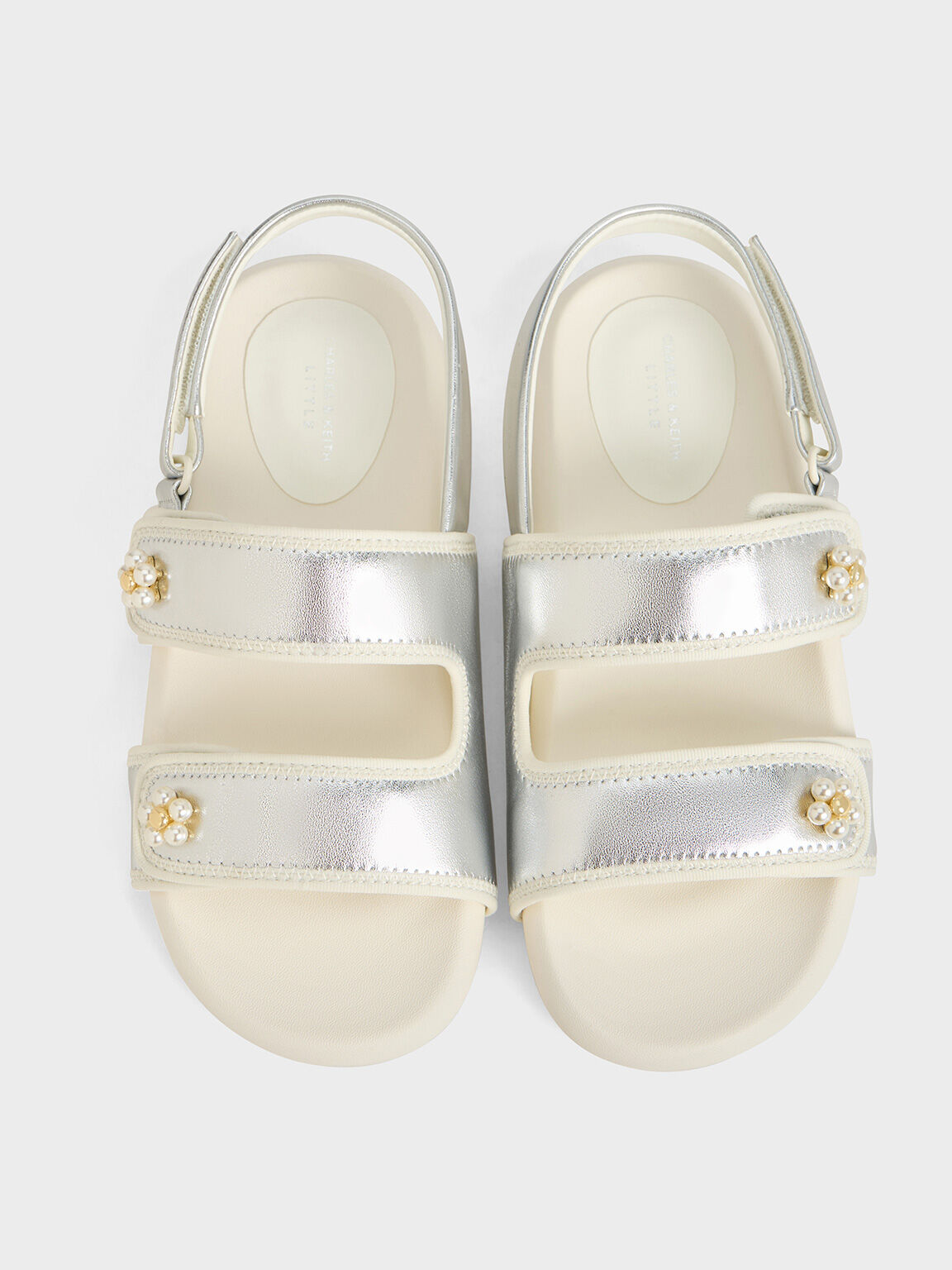 Girls' Metallic Beaded-Flower Sandals, Silver, hi-res