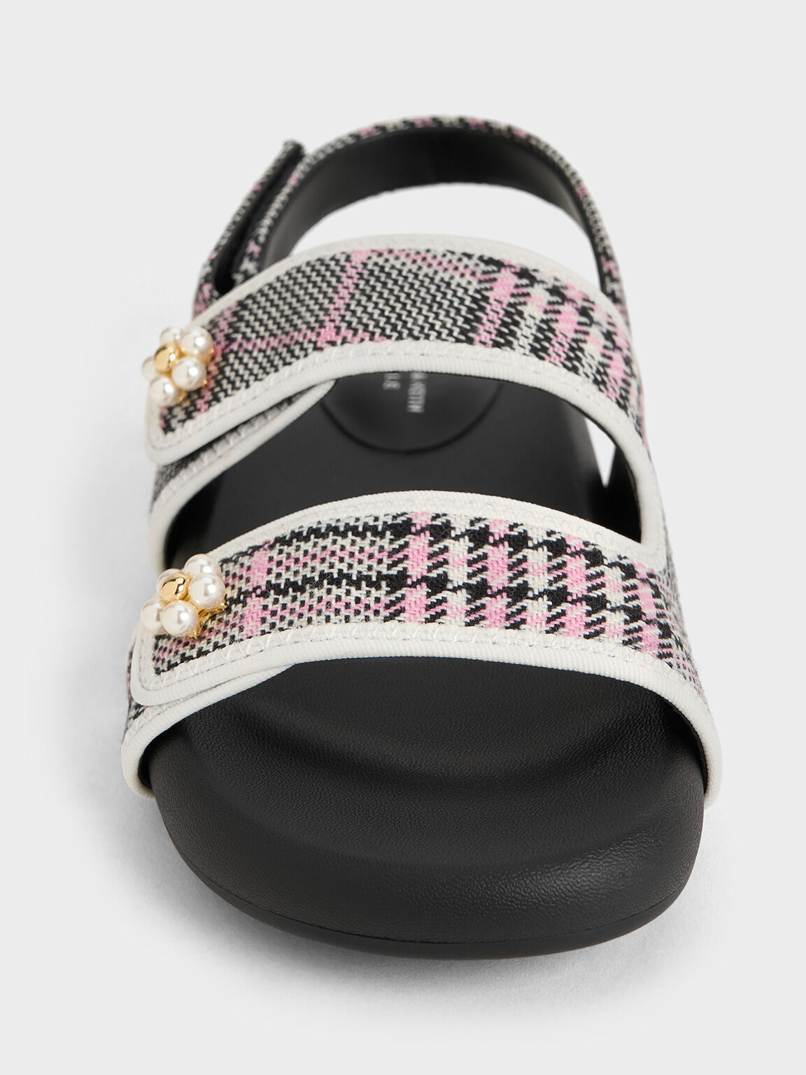 Girls' Plaid Beaded-Flower Sandals, Pink, hi-res