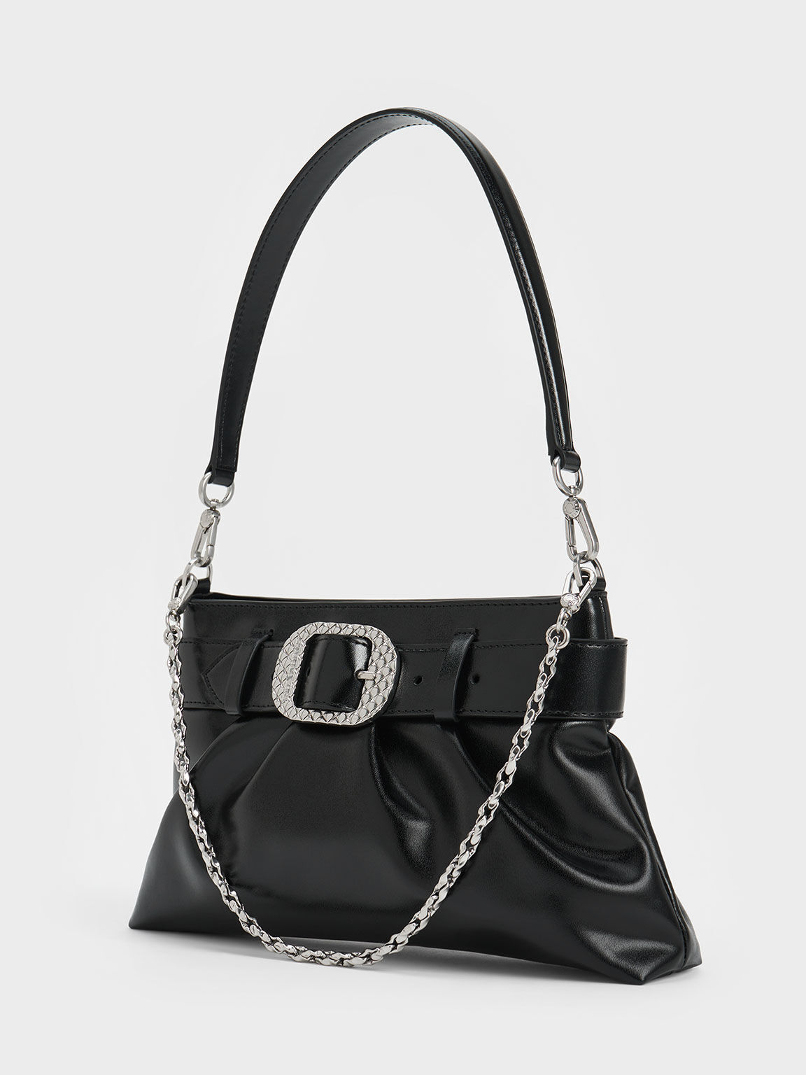 Avis Belted Ruched Shoulder Bag, Noir, hi-res