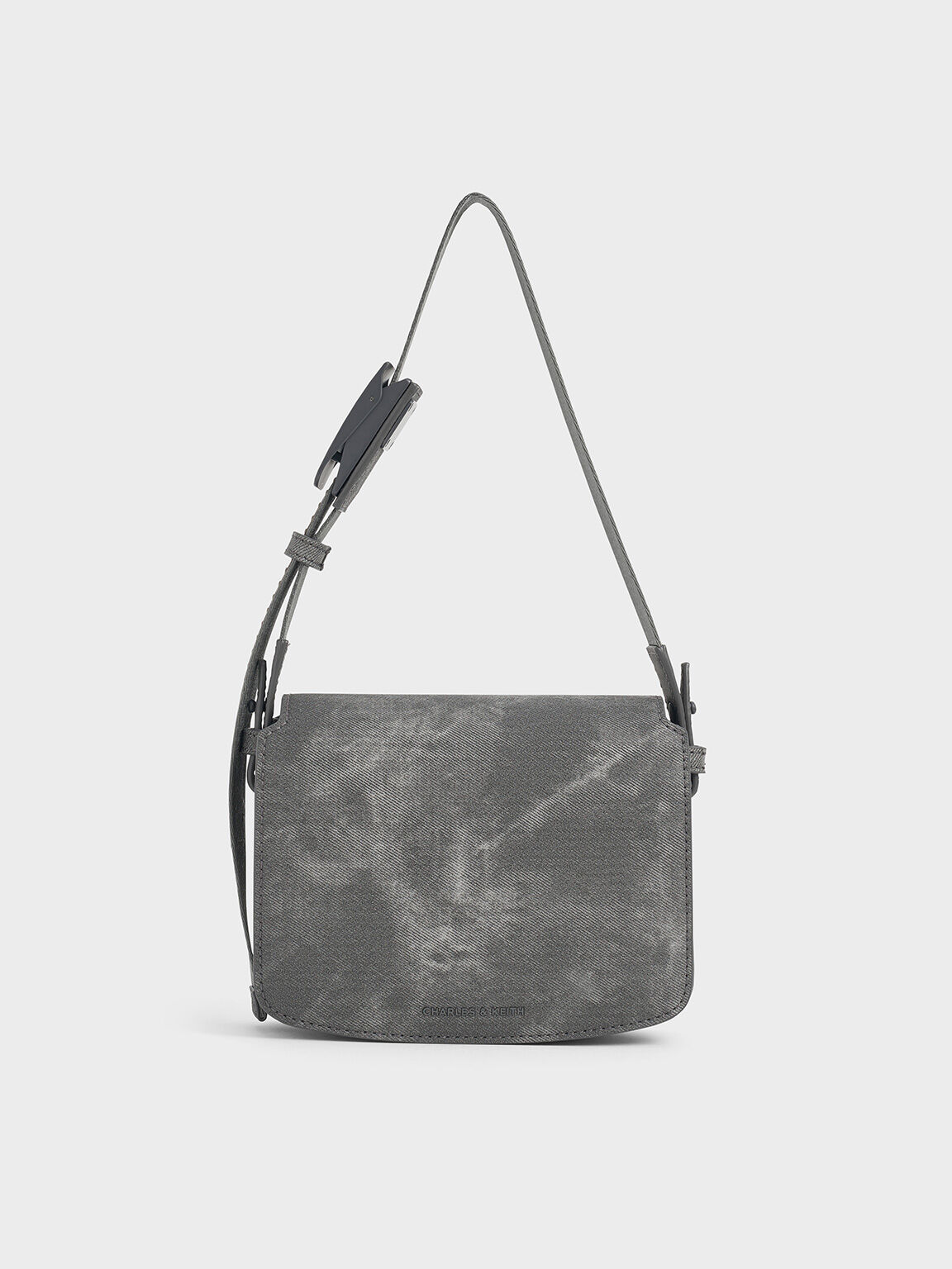 Bolso tipo caja de denim con solapa delantera, Gris oscuro, hi-res