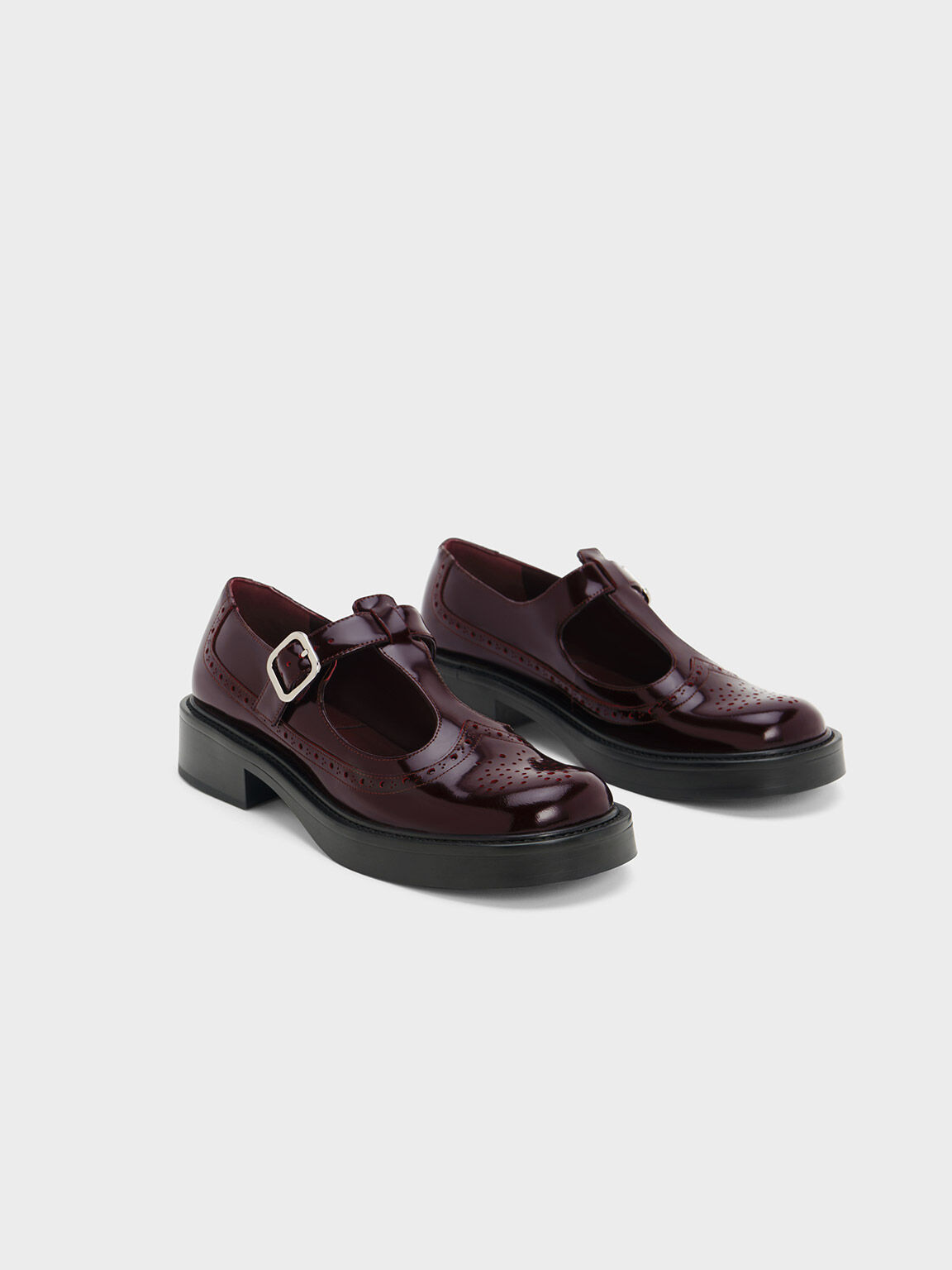 Brogue Leather T-Bar Mary Janes - Maroon
