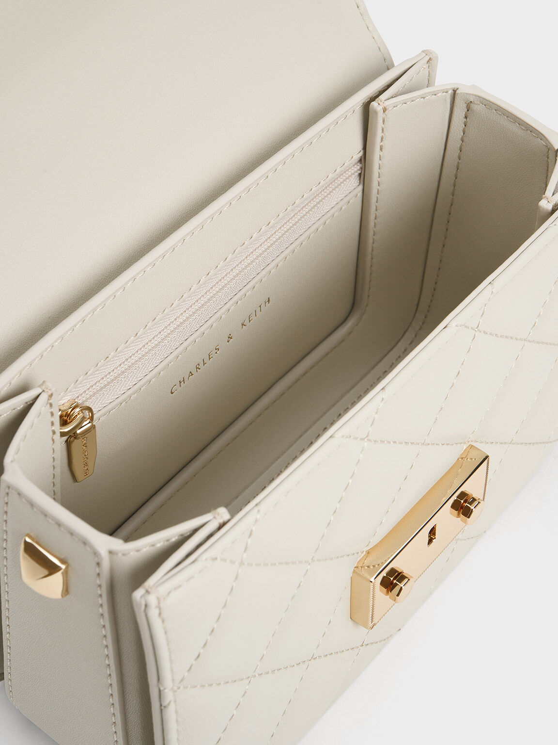 Ivory Quilted Push-Lock Chain-Handle Bag - CHARLES & KEITH PH