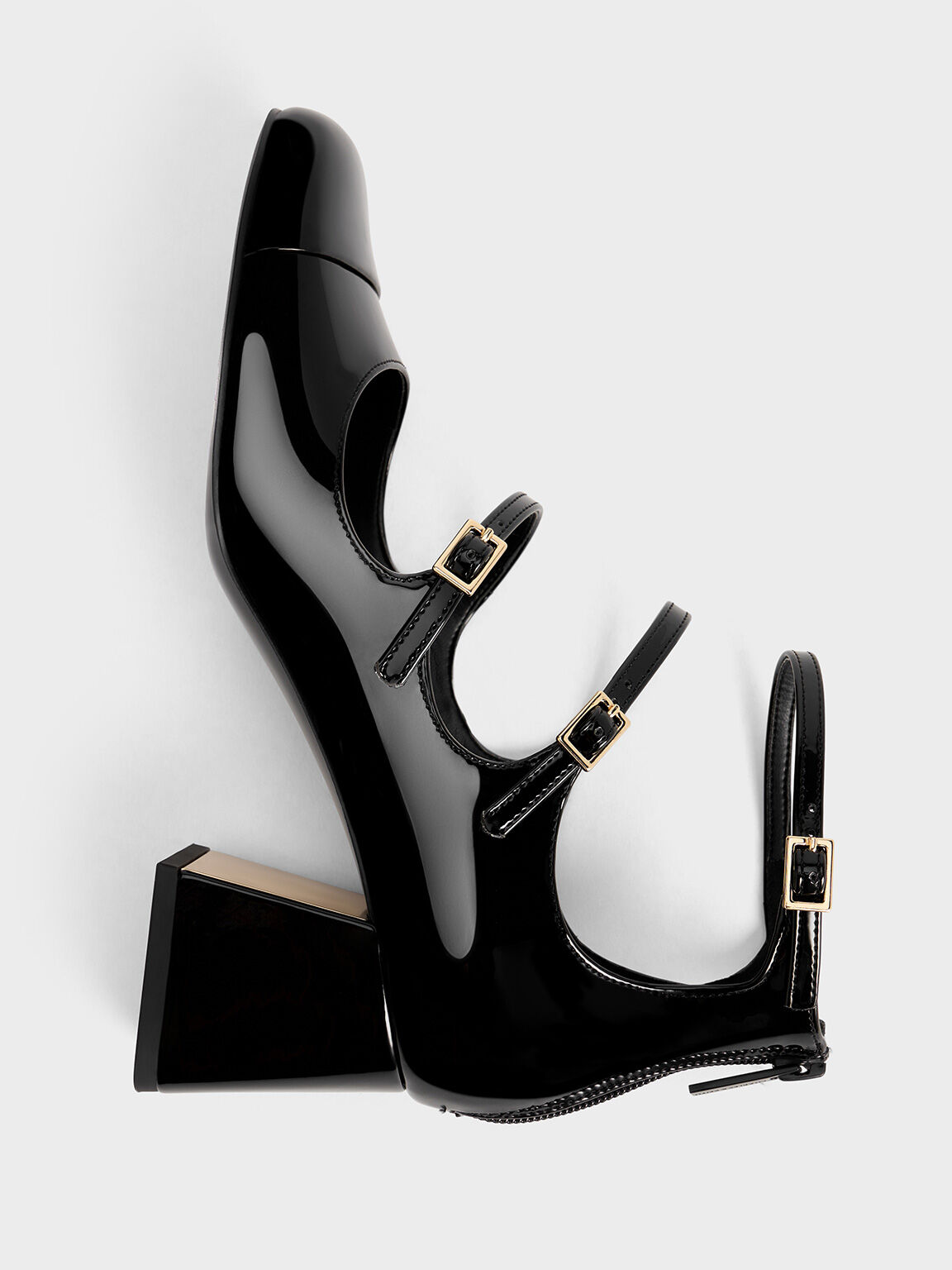 Patent Triple-Strap Cap-Toe Mary Jane Pumps, Black Patent, hi-res