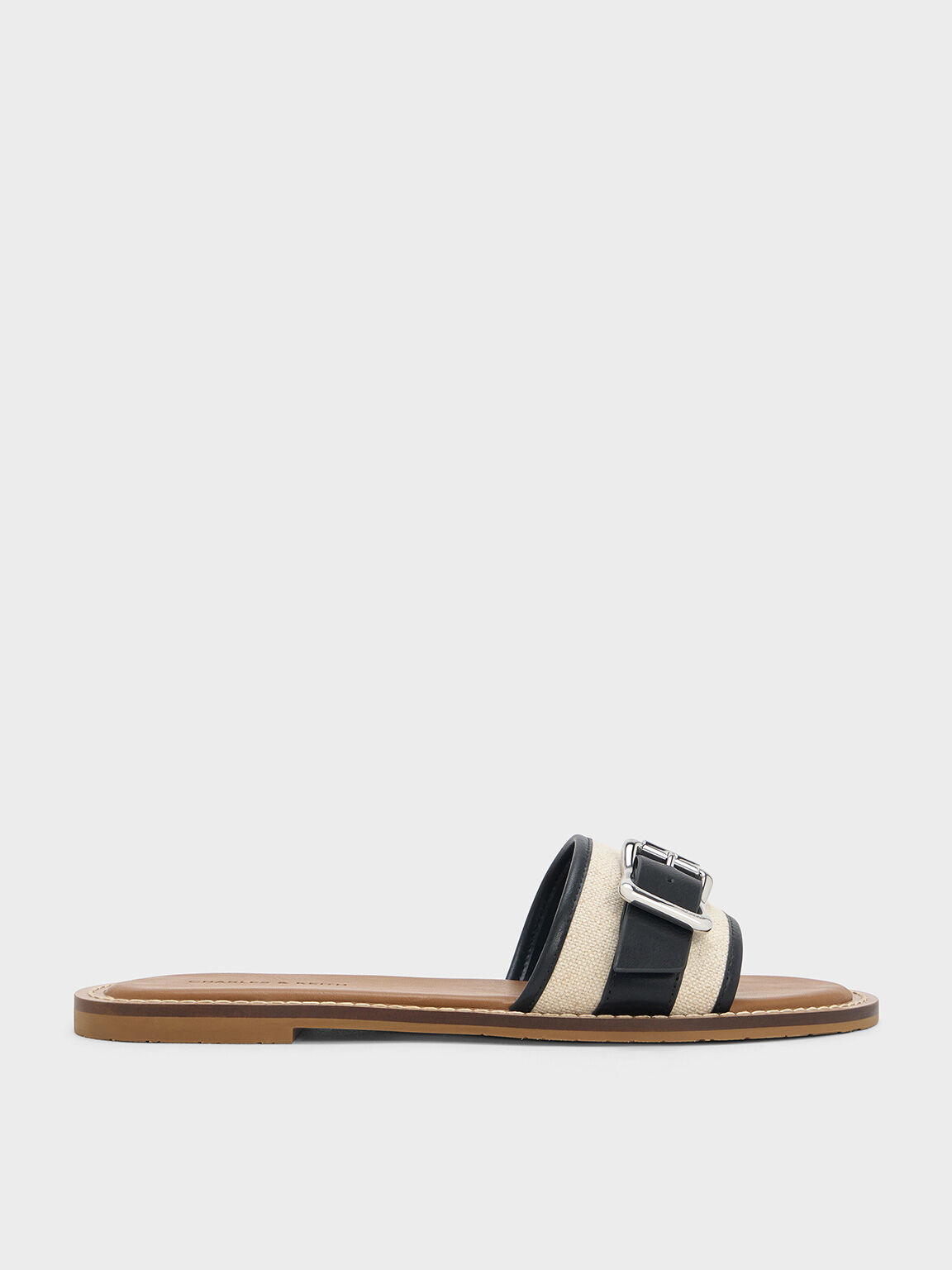 Linen Buckled Slide Sandals, Chalk, hi-res