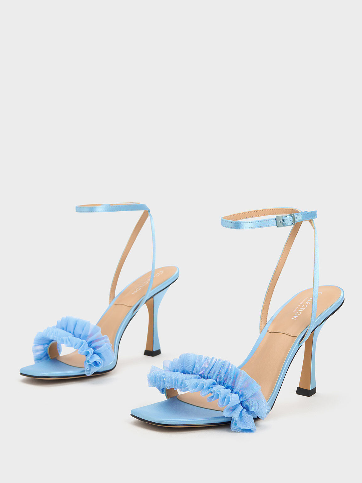 Blue Recycled Polyester Ruffled Mesh Heeled Sandals - CHARLES