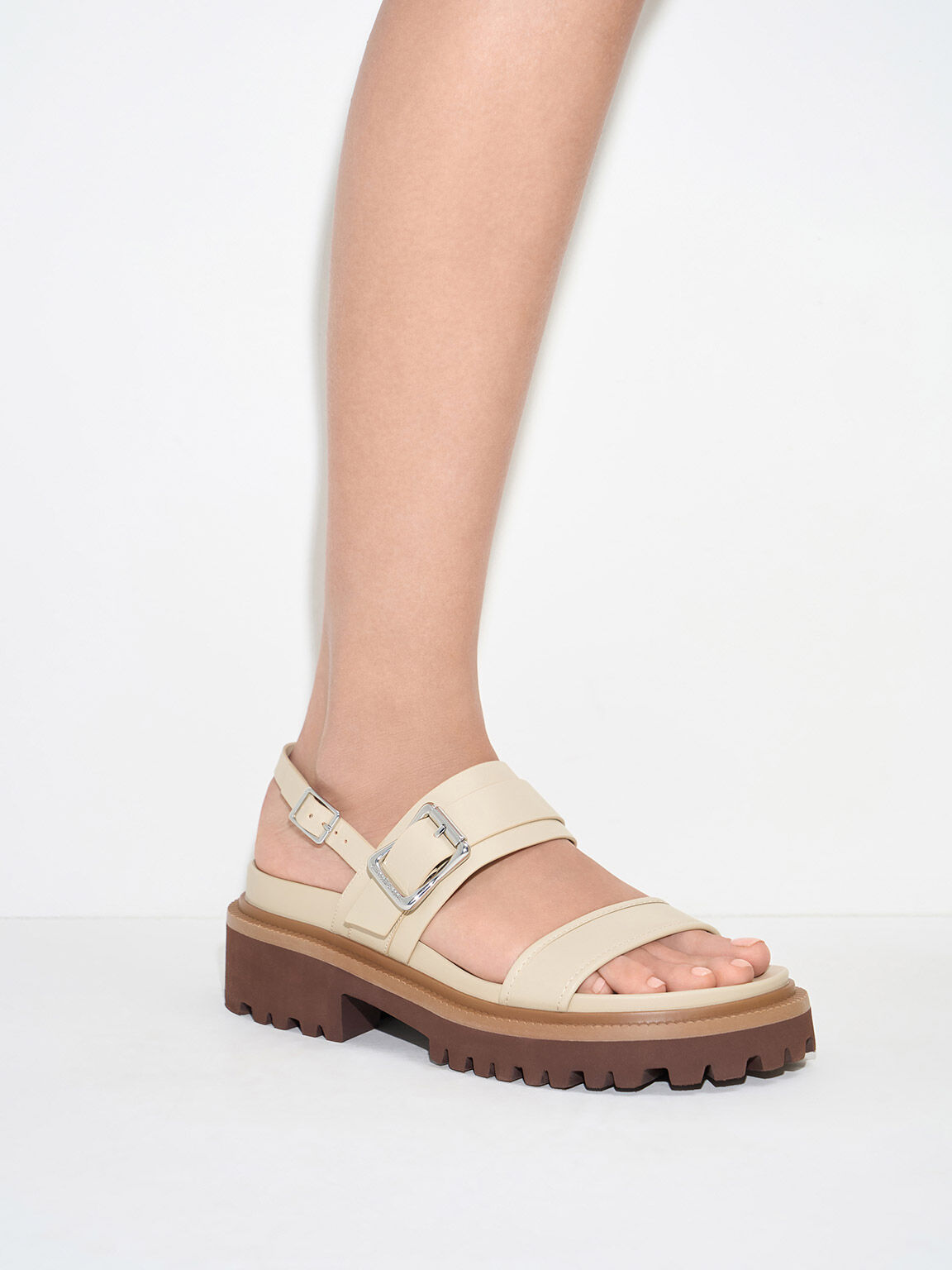 Buckled Platform Slingback Sandals, Taupe, hi-res