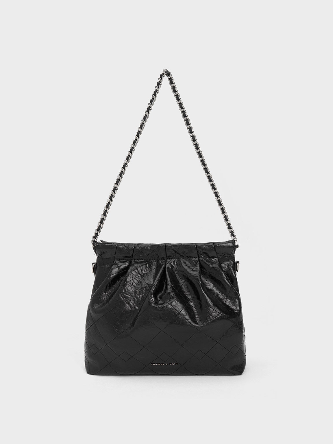 Charles and Keith Black, White Shoulder Bag PU Leather Black
