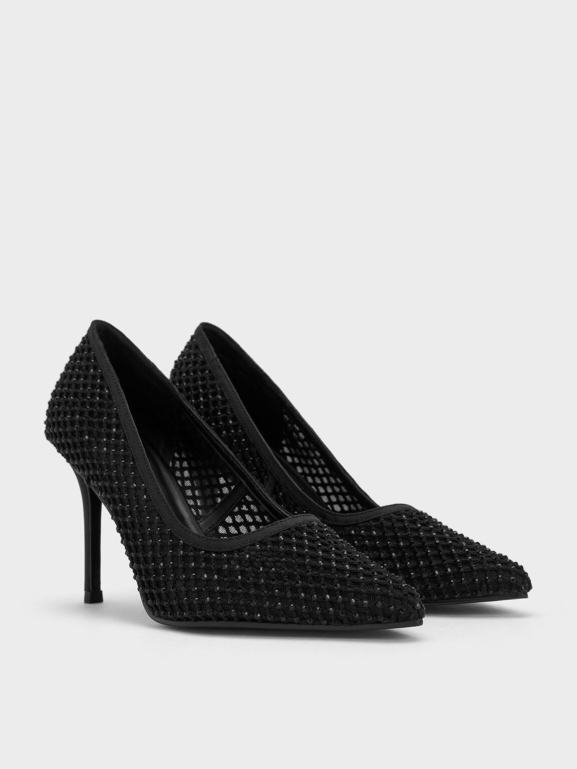 Mesh Crystal-Embellished Pointed-Toe Pumps, Black Textured, hi-res