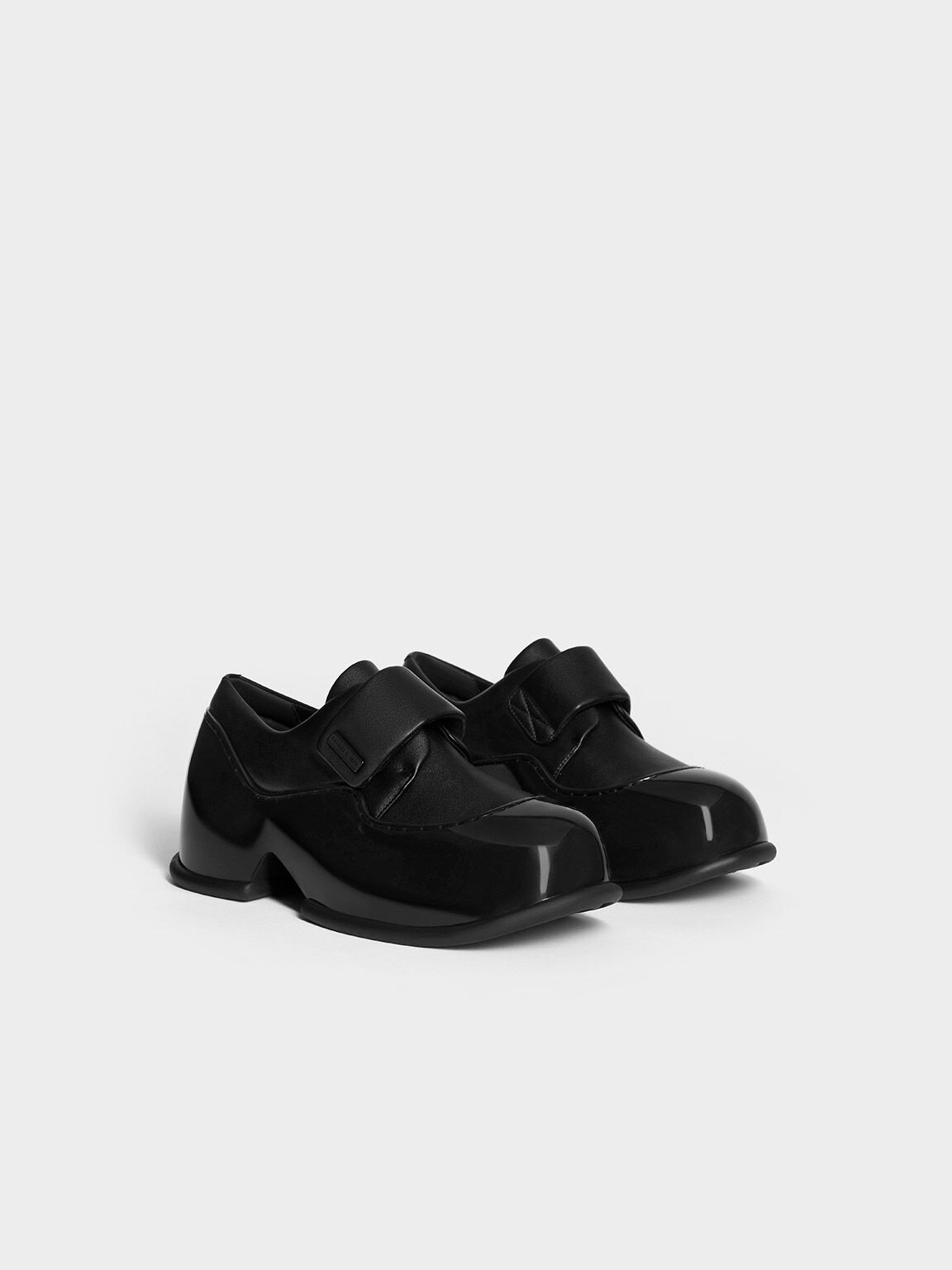 Patent Sculptural Slingback Wedges - Black Patent