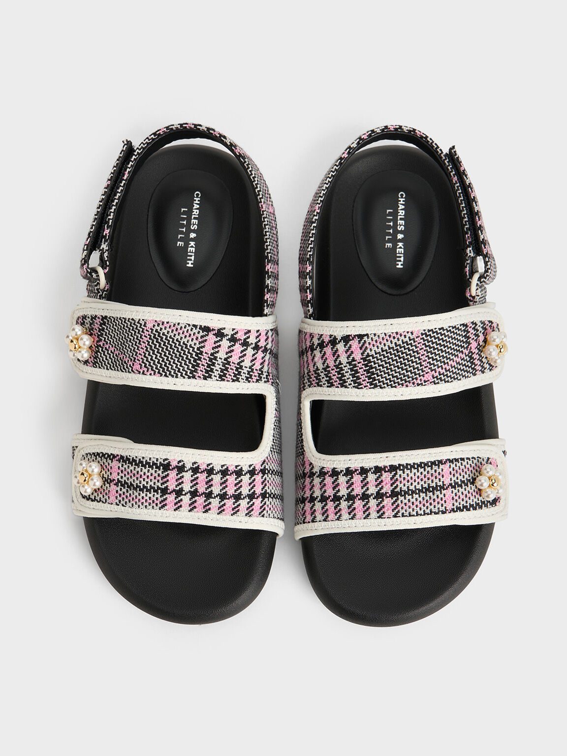 Girls' Plaid Beaded-Flower Sandals, Pink, hi-res