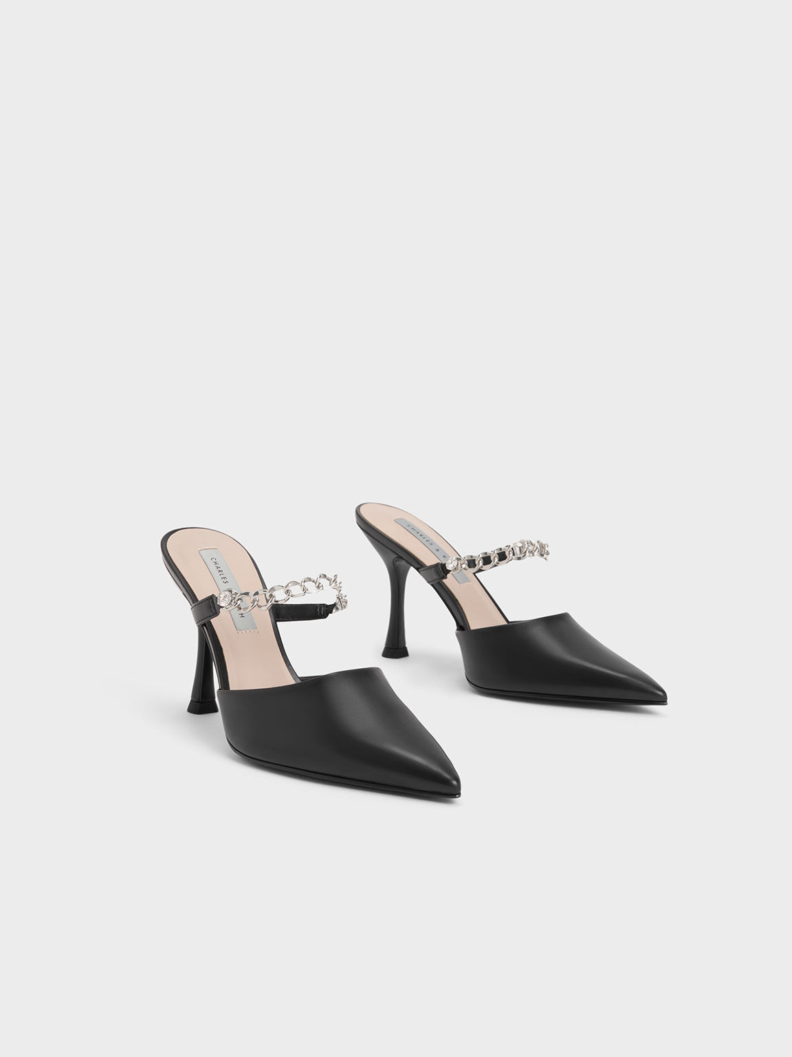 Black Chain-Link Strap Heeled Mules - CHARLES & KEITH US