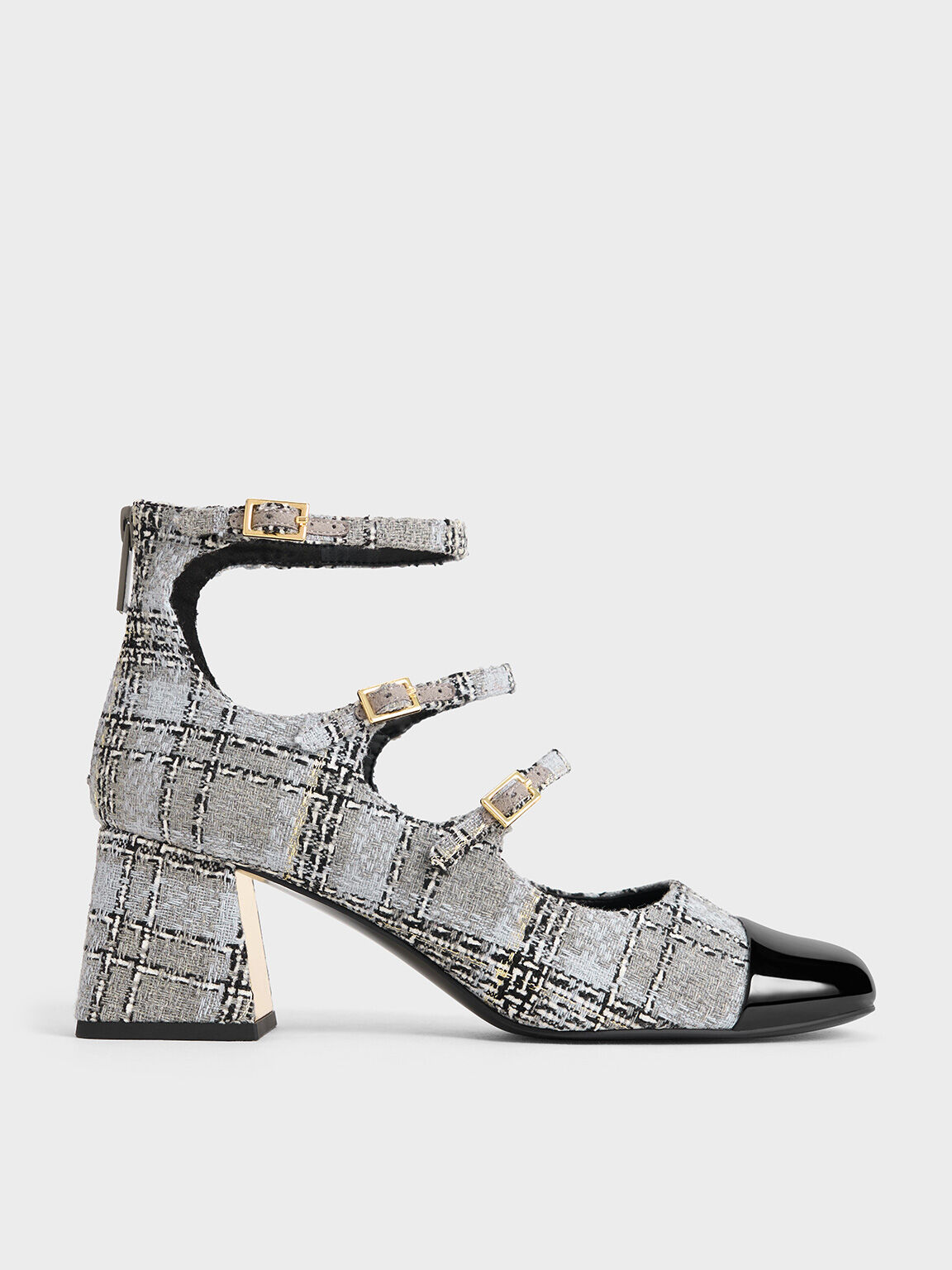 Tweed Triple-Strap Cap-Toe Mary Jane Pumps, Grey, hi-res