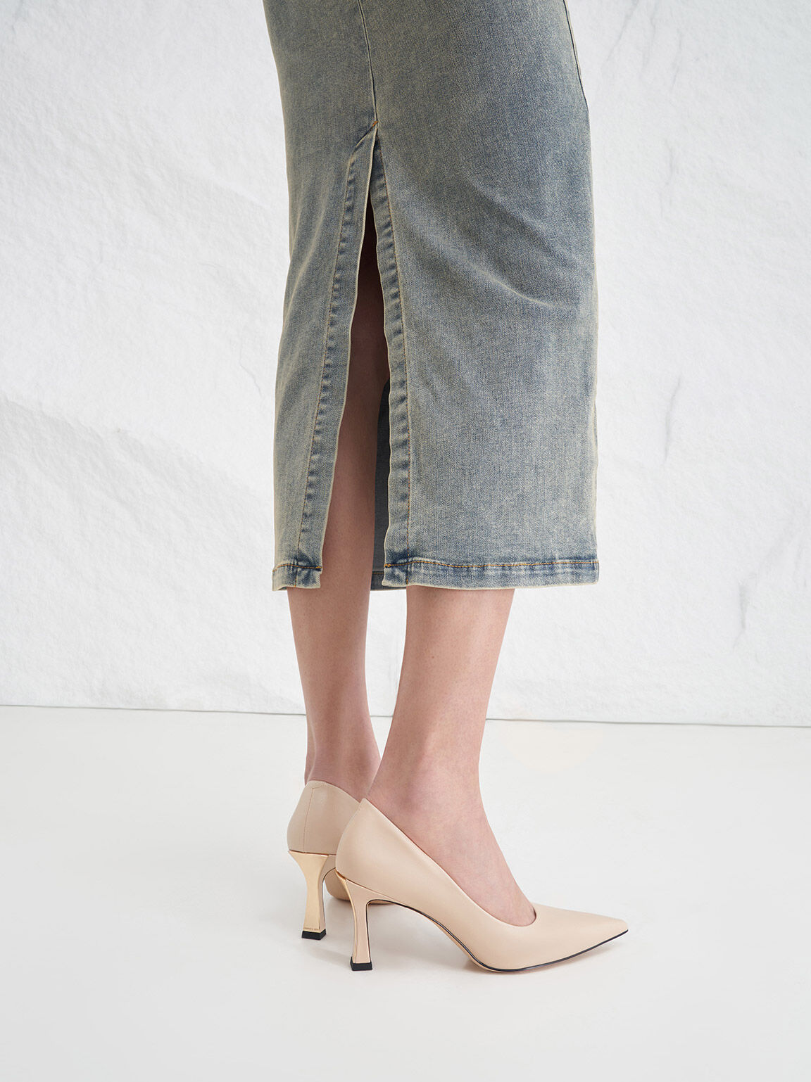 Flared Heel Pointed-Toe Pumps, Nude, hi-res