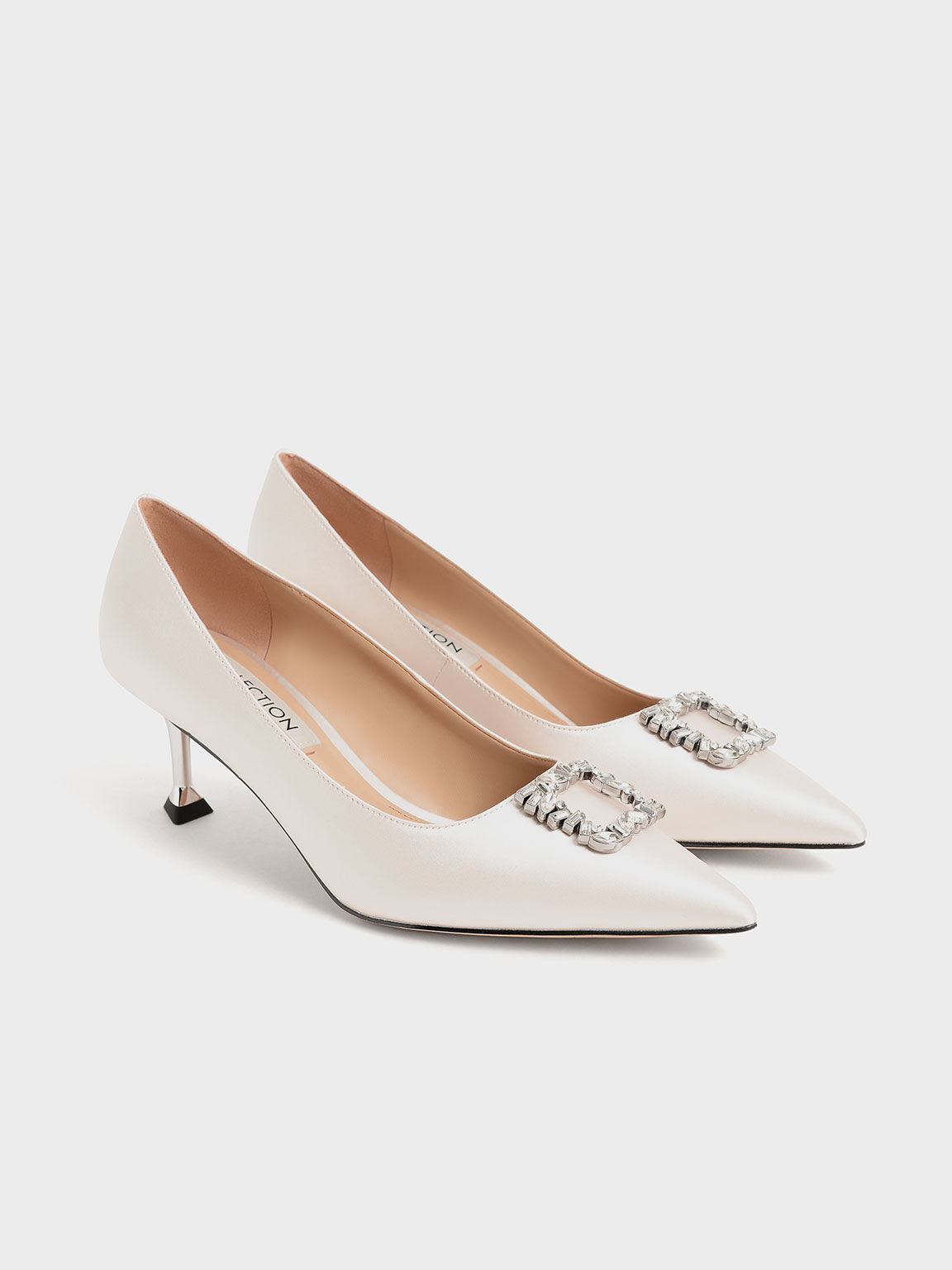 Satin Gem-Embellished Kitten Heel Pumps, Cream, hi-res