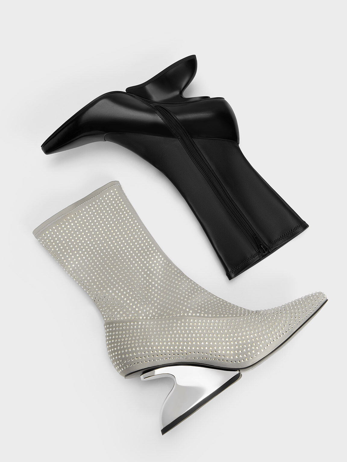 Grey Zania Gem-Embellished Sculptural Heel Boots - CHARLES & KEITH TW