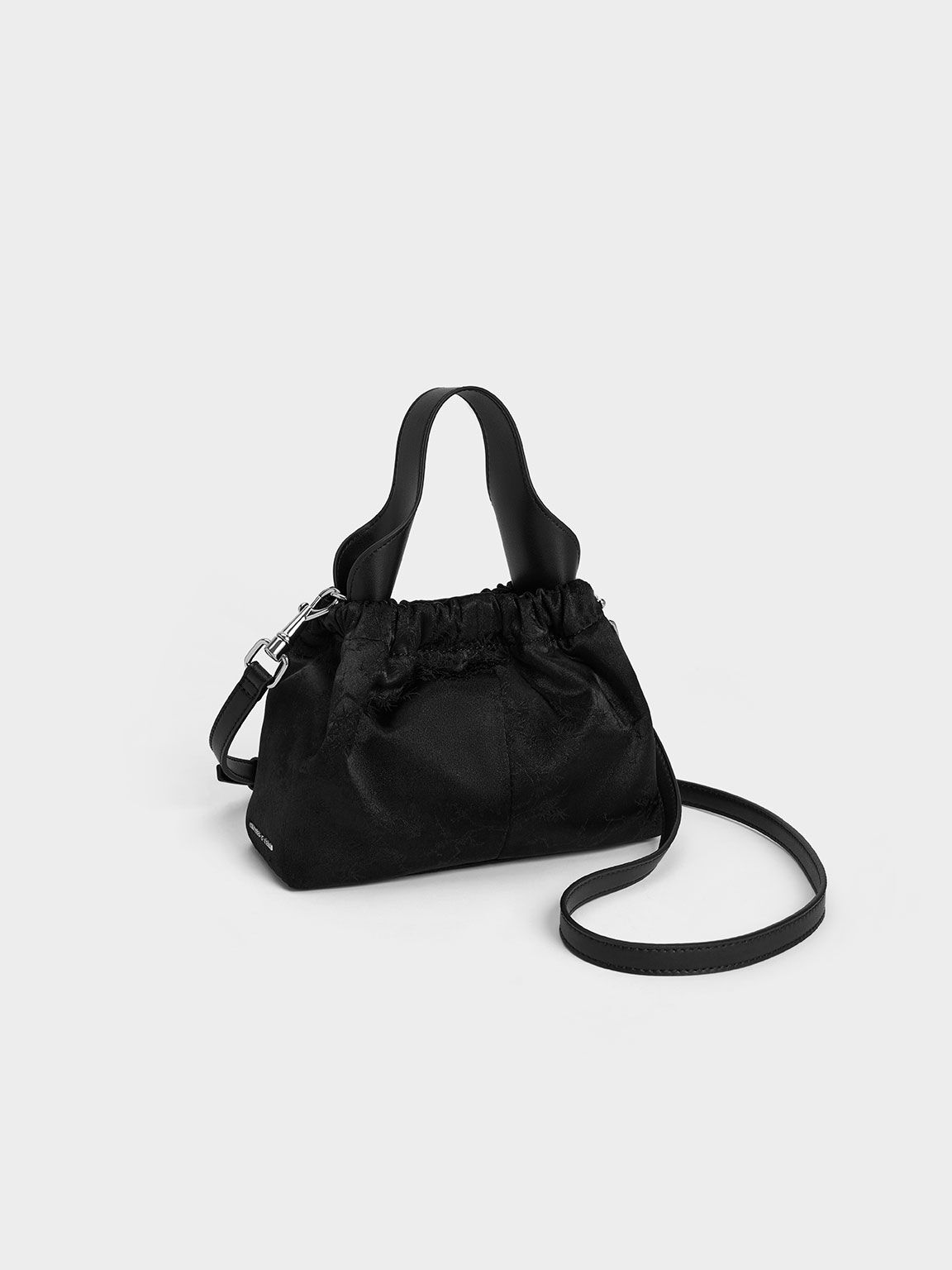 Ally Satin Floral-Print Ruched Bag, Noir, hi-res