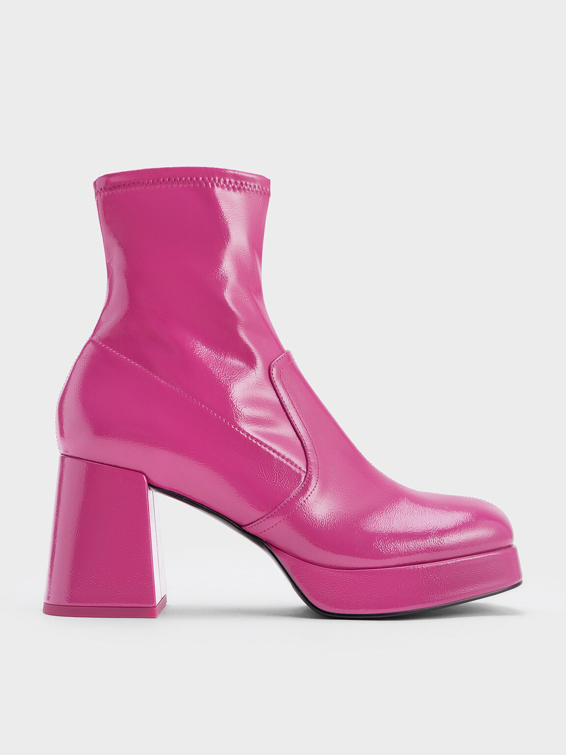 Patent Crinkle-Effect Block-Heel Boots, Fuchsia, hi-res