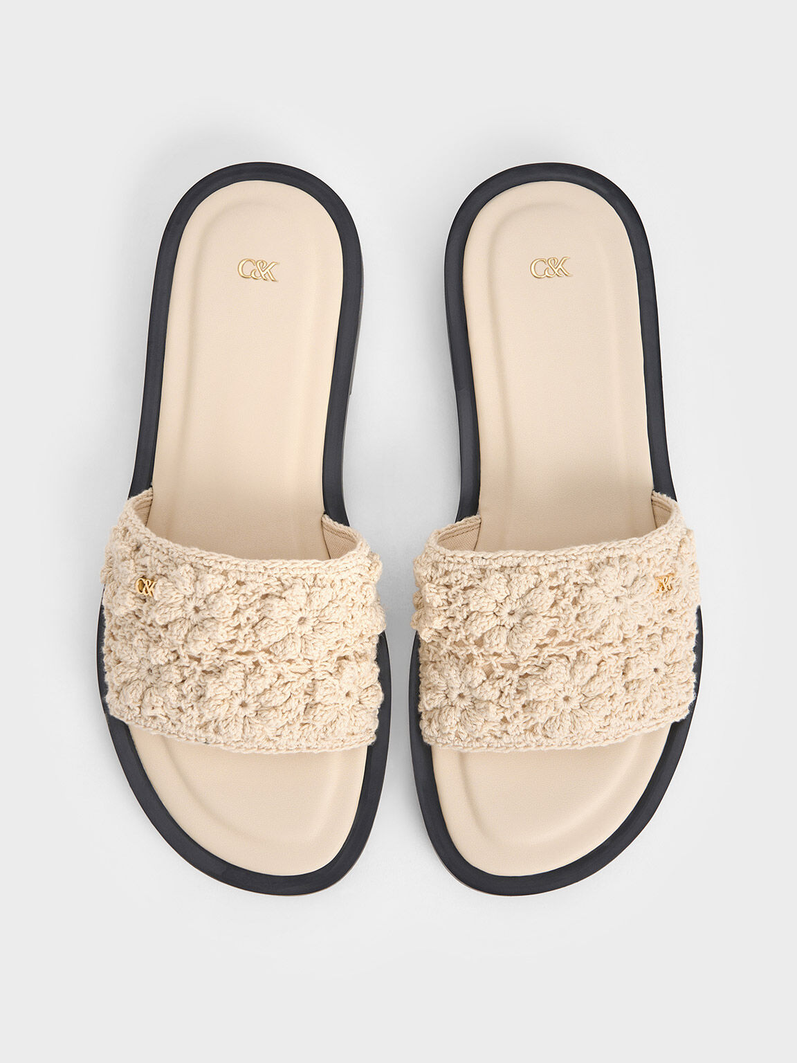 Crochet Floral Slide Sandals, Chalk, hi-res