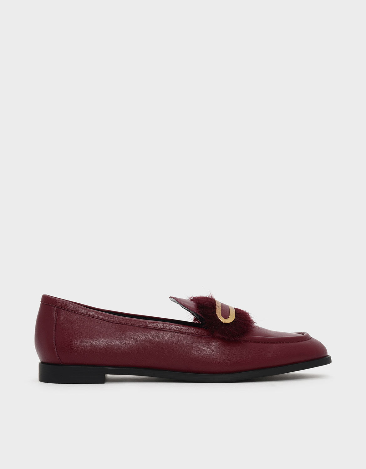 Red Furry Detail Leather Penny Loafers 
