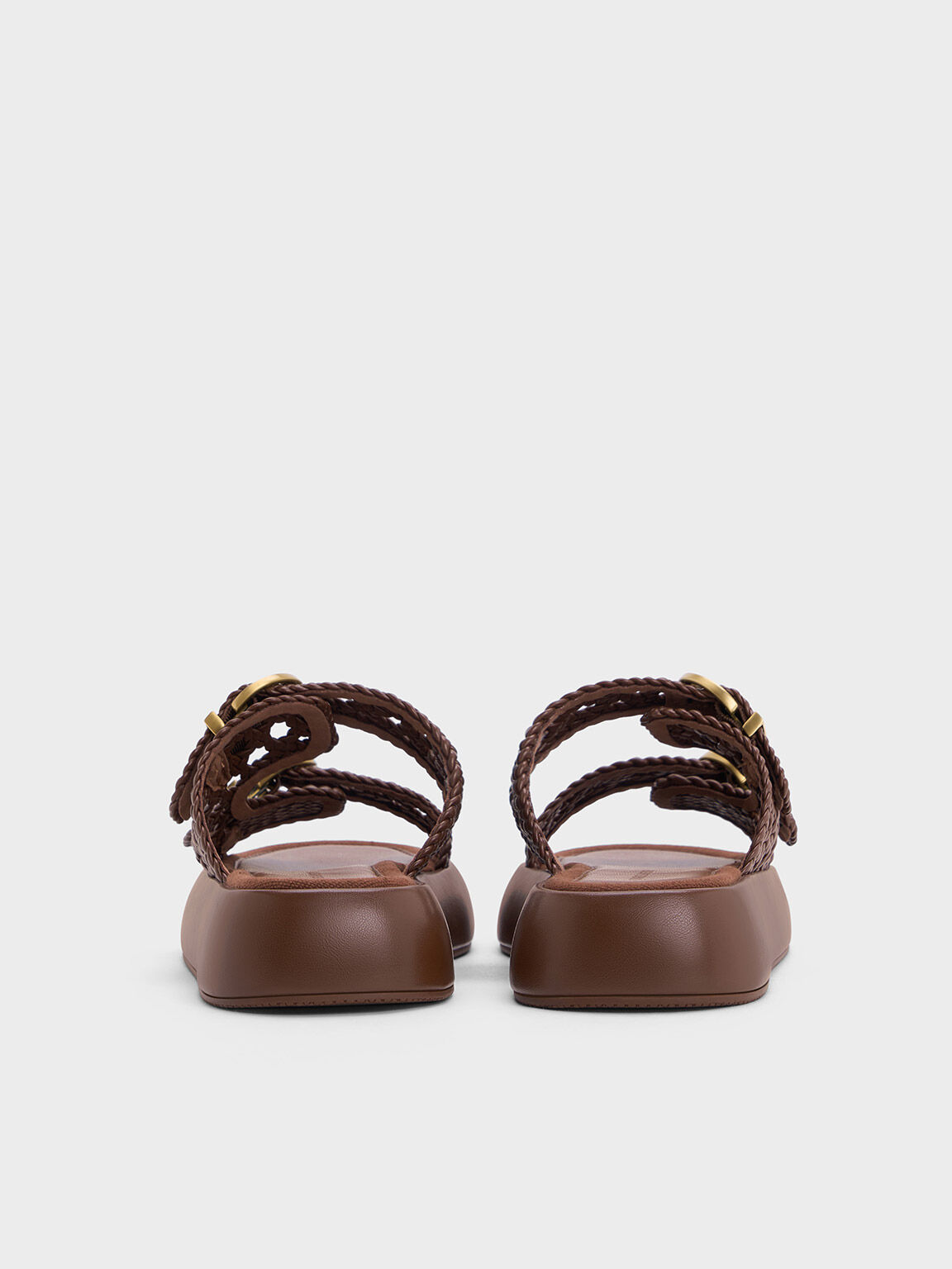 Woven Double-Strap Buckled Sandals, Brown, hi-res