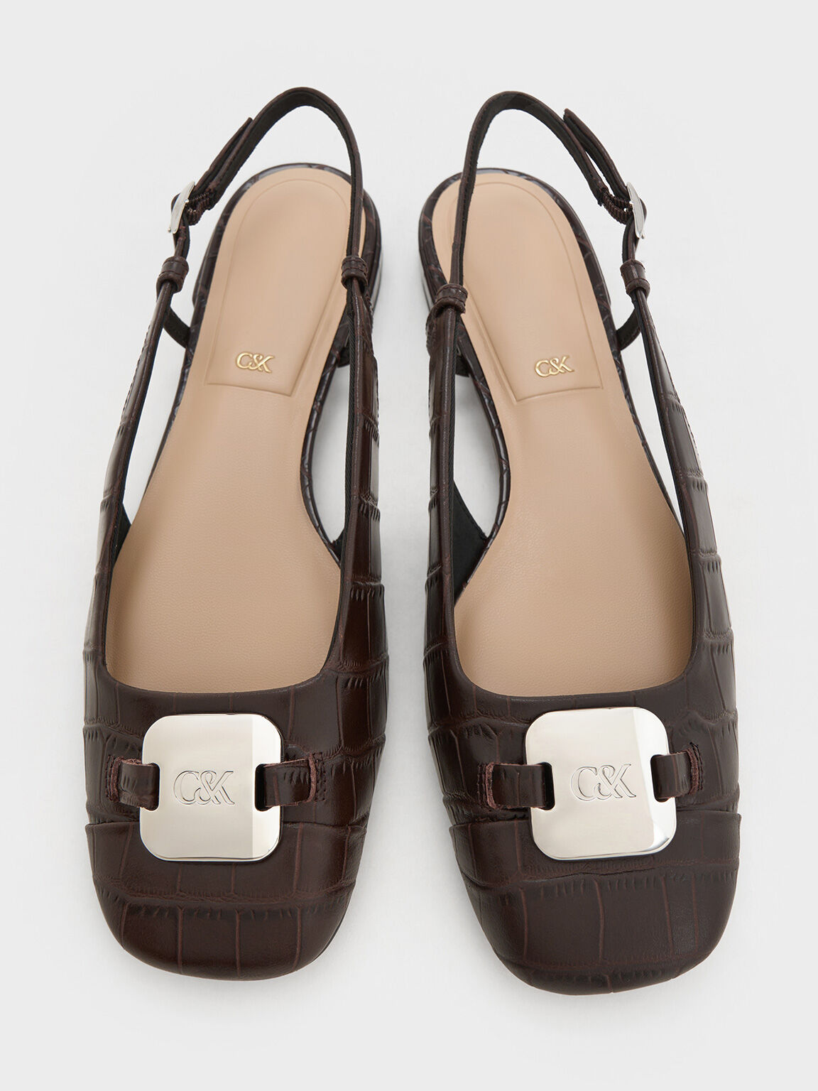 Croc-Effect Leather Metallic-Accent Slingback Flats, Dark Brown, hi-res