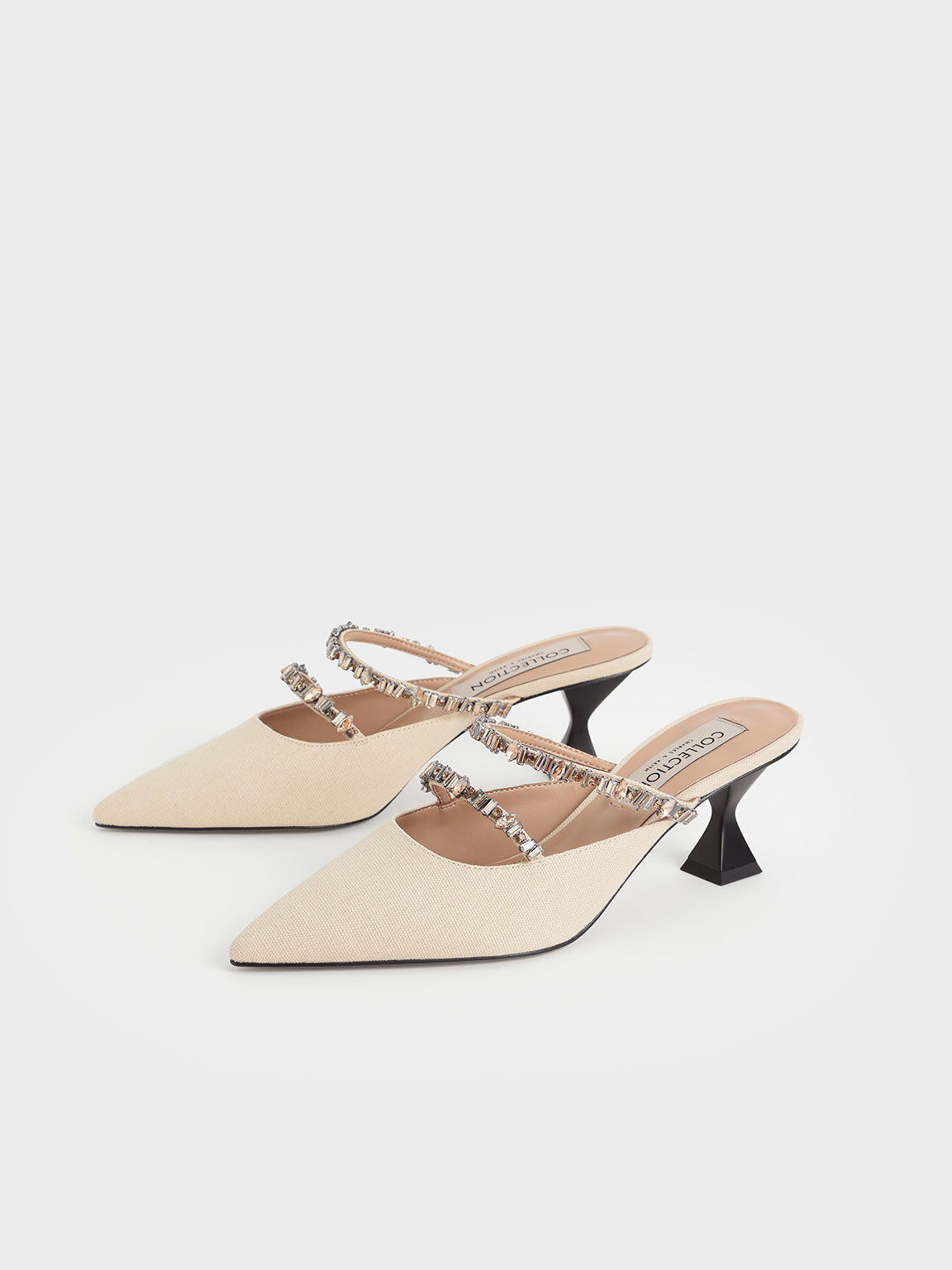 Beige Canvas Double Gem Strap Mules - CHARLES & KEITH MY