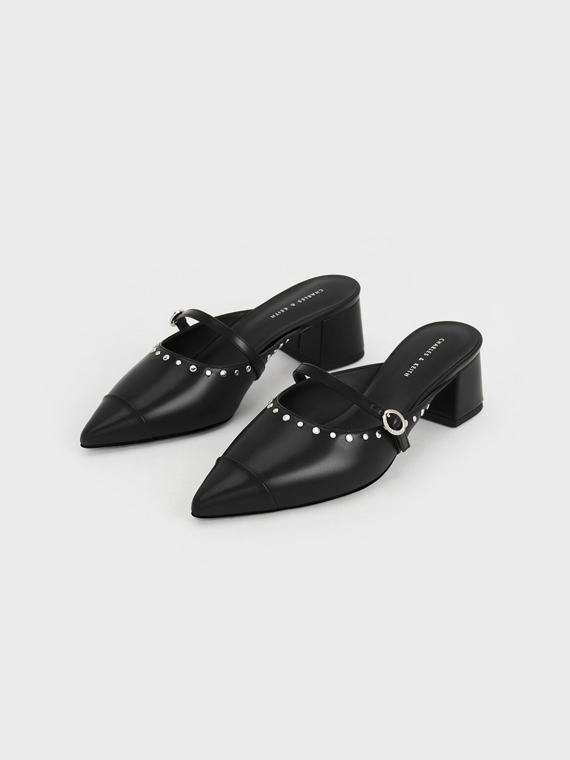 Studded Pointed-Toe Block Heel Mules - Black