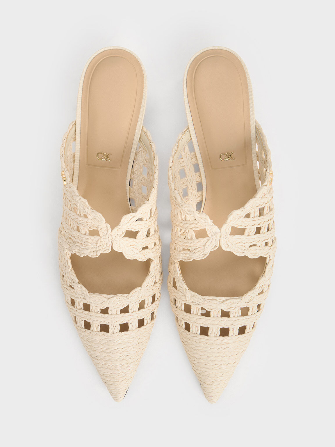 Raffia Kitten-Heel Pointed-Toe Mules, White, hi-res