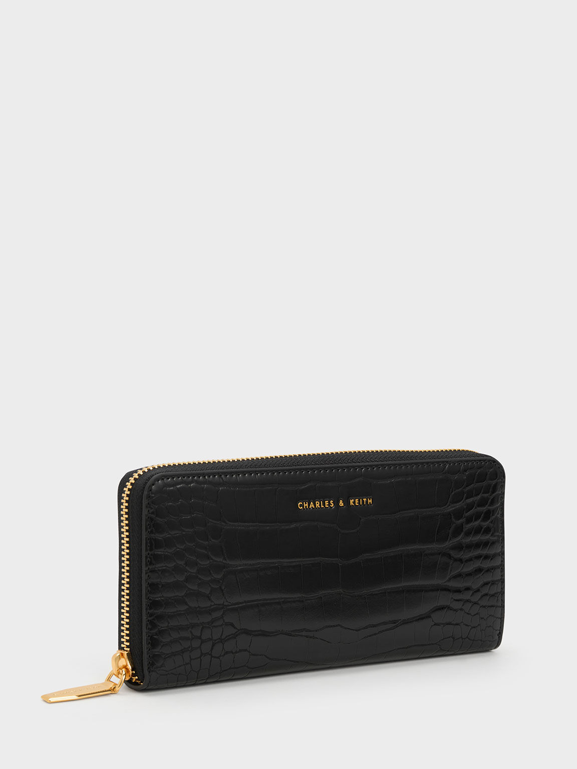 Croc-Embossed Zip-Around Long Wallet, Black, hi-res