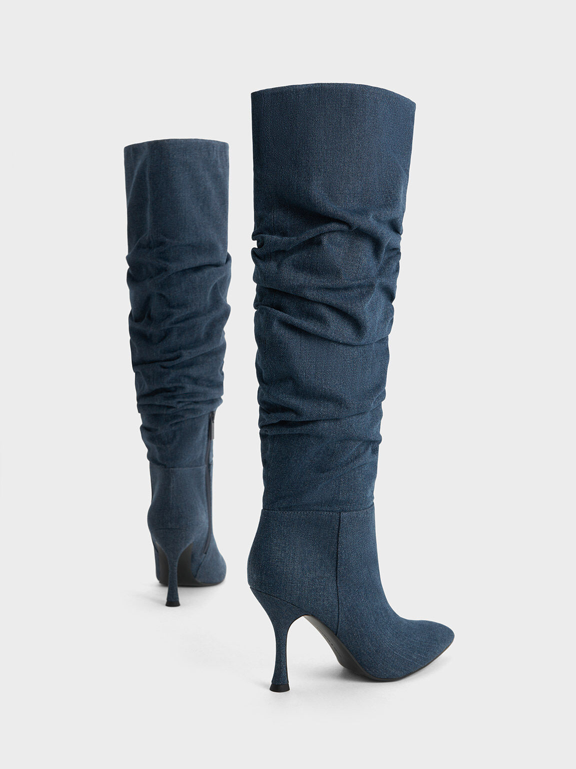 Aster Denim Ruched Knee-High Boots, Blue, hi-res