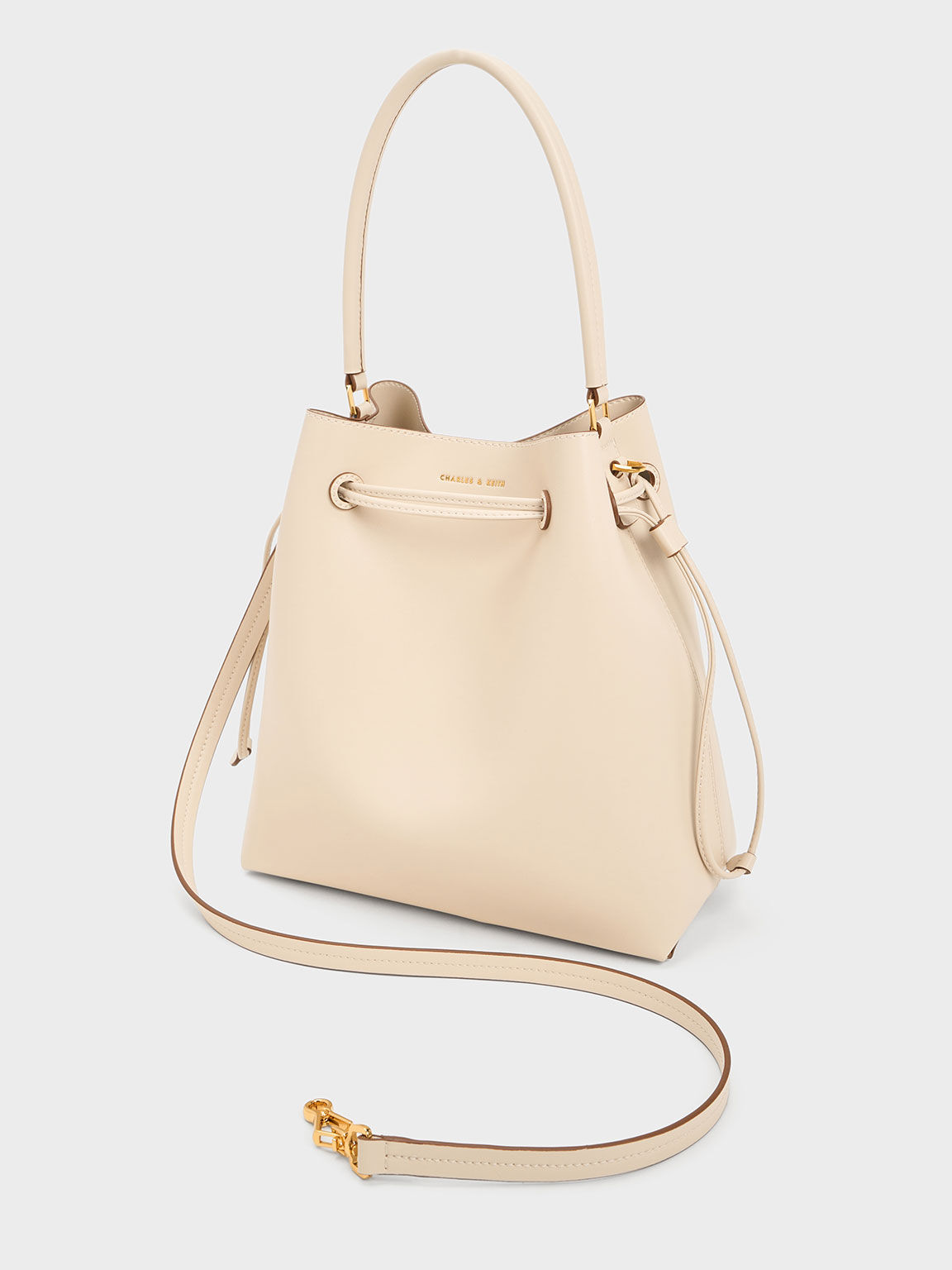 Bolso hobo con cordón, Beige, hi-res